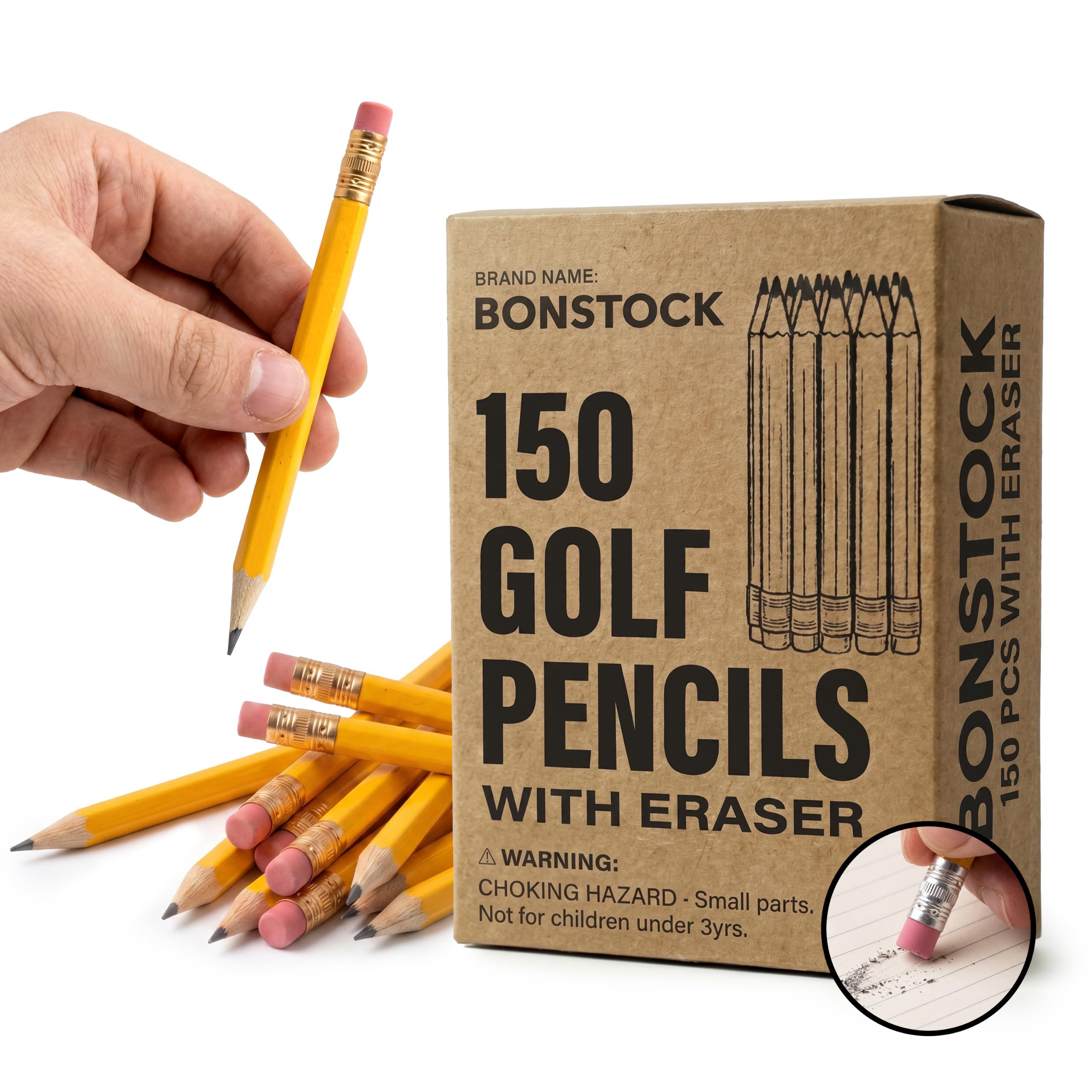 Lot de 150 mini crayons de golf HB #2 en vrac avec gomme, étui en bois de 8,9 cm, mini crayons pré-taillés en vrac pour enseignants, articles essentiels de classe, fournitures de rentrée