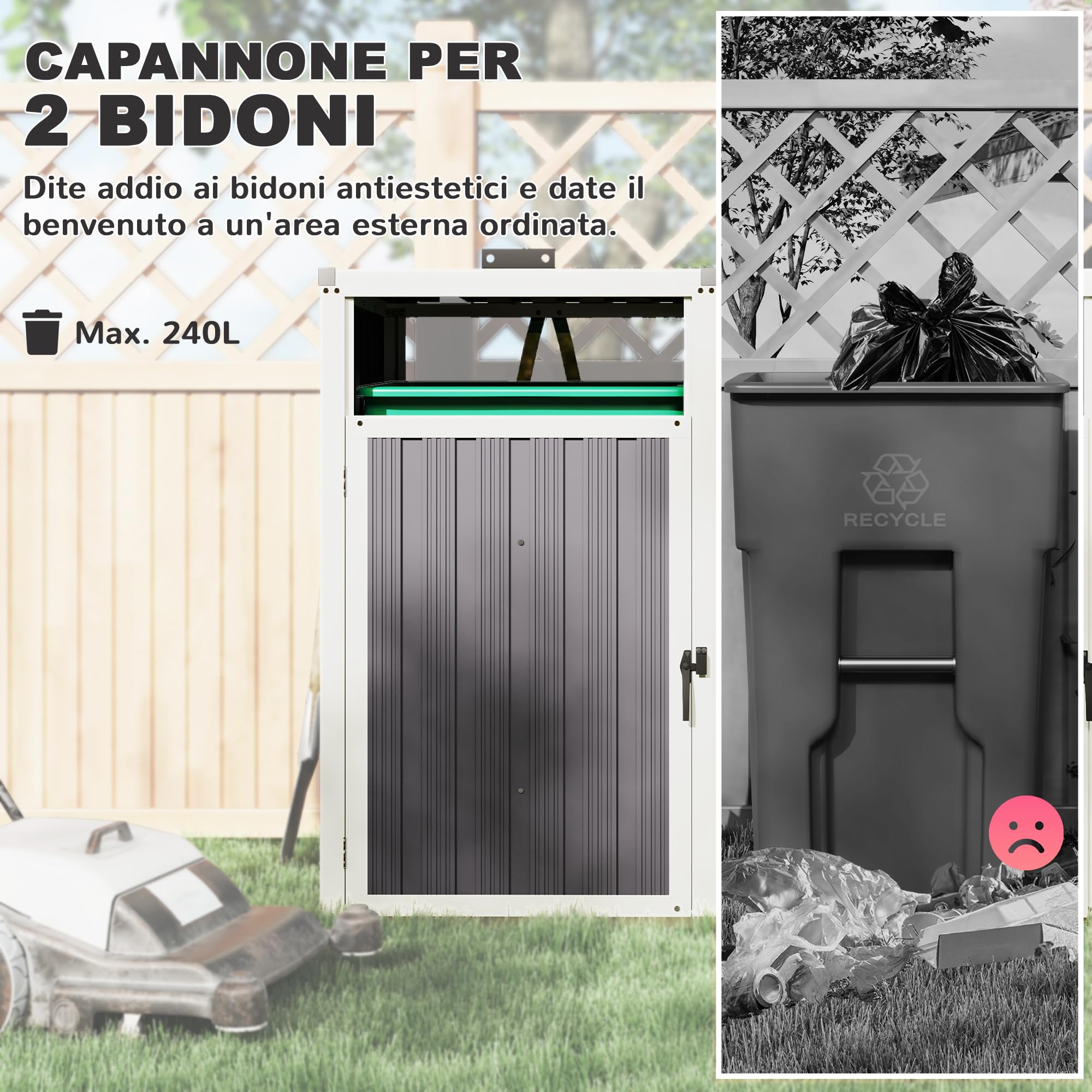 Outsunny Casetta per Spazzatura Esterna a 2 Sezioni in Acciaio Zincato con Coperchio Sollevabile a 180° Capanno da Giardino per Giardino e Patio 146x81x122 cm Grigio Scuro