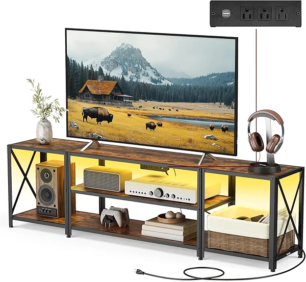 VASAGLE TV Stand With Power Outlets and LED Lights, for TVs up to 75 Inches, Entertainment Center With Open Storage Shelves, Console Table for Living Room, Rustic Brown and Ink Black ULTV122