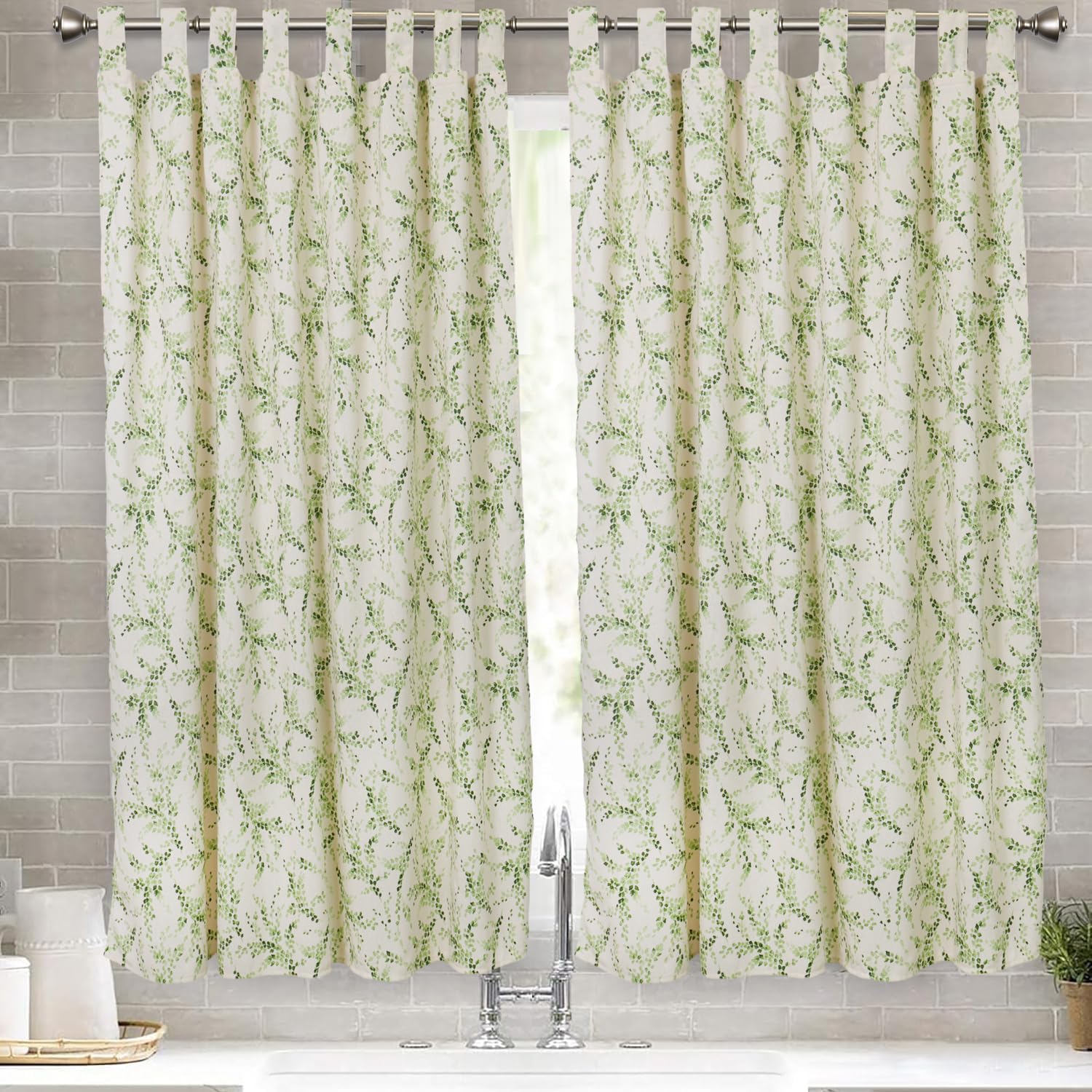 Viste tu hogar Pack 2 Cortina Cocina de Hojas Verde, Estilo Español con Tirantes, Tela Opaca Máxima Privacidad, Ideal para Ventanas de Cocina, 70% Algodón 30% Poliester, 140x145cm