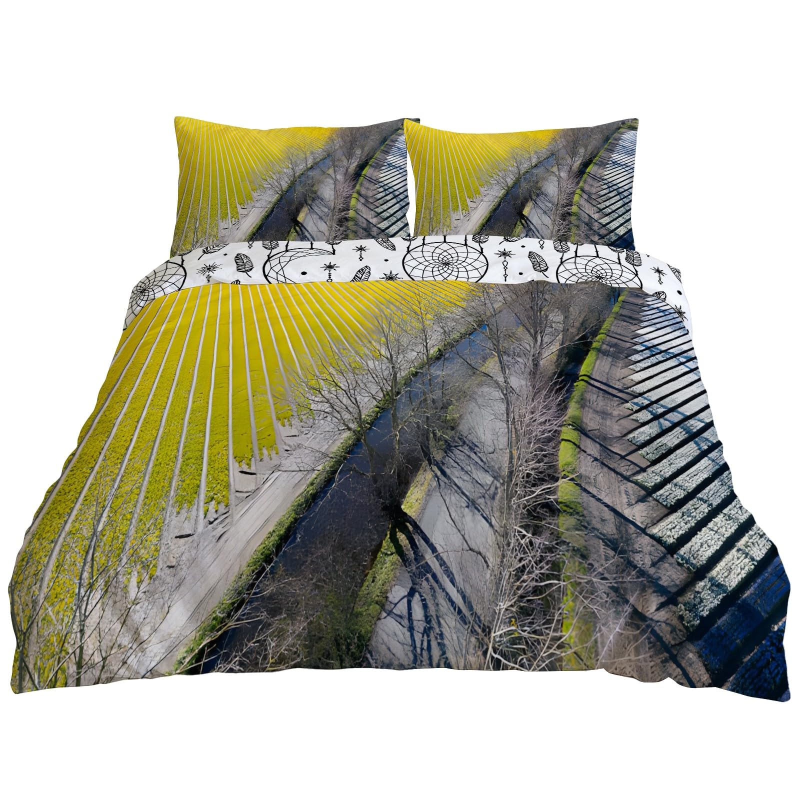 Housse de couette 240x220 cm anti-plis en microfibre douce motif attrape-rêves jaune