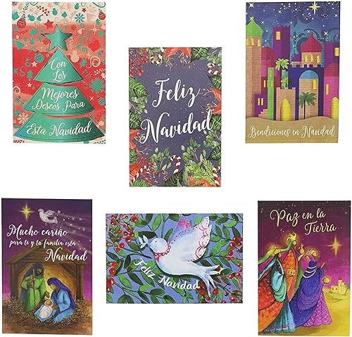 Sustainable Greetings Paquete de 48 tarjetas de Navidad españolas con sobres, 4 x 6 pulgadas, 6 diseños surtidos