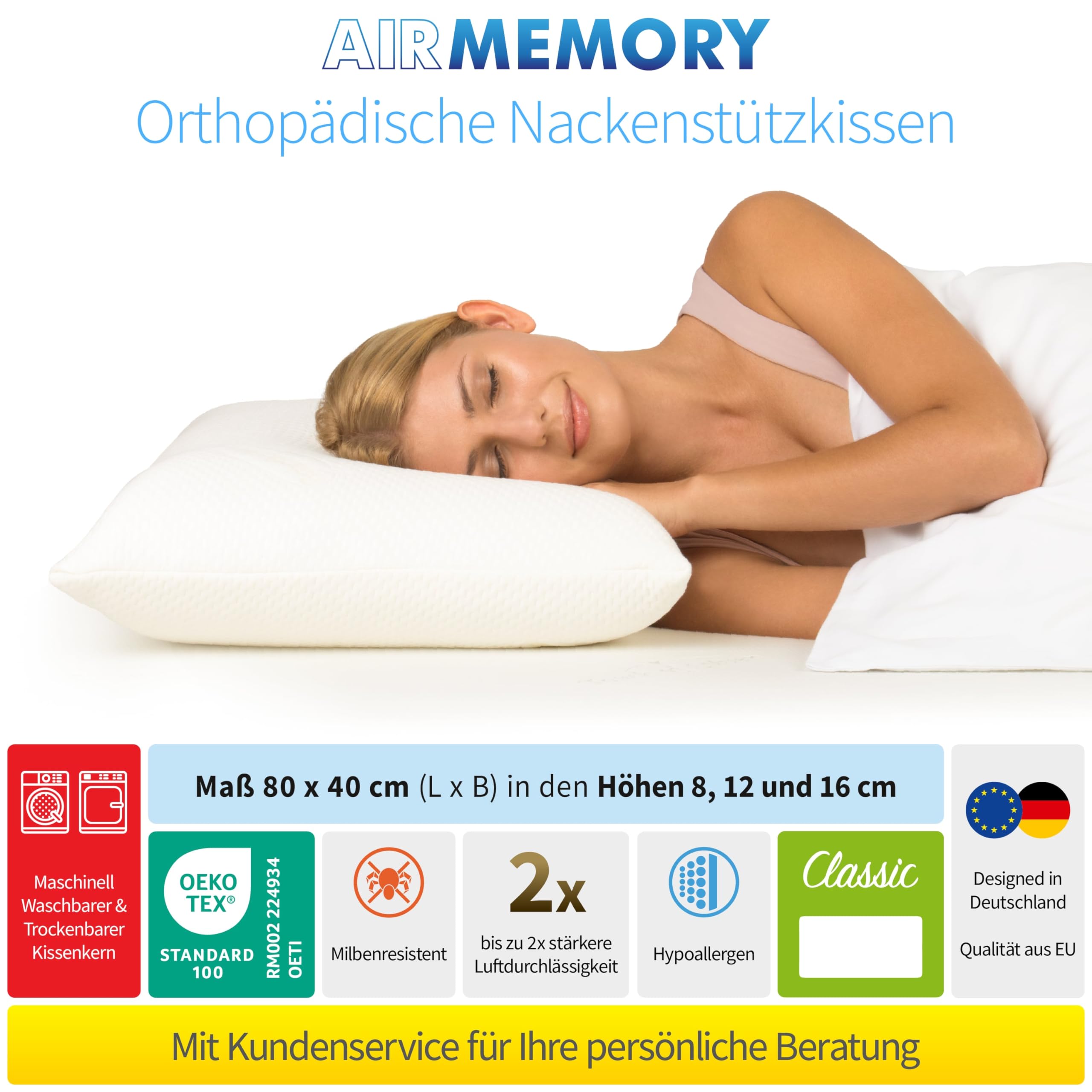 Probiotic Orthopädisches Nackenstützkissen mit Aloe Vera aus Memory Viscoschaum 40x80x8 cm Waschbar bis 40°C, inkl. 1x Innen & 1x Schutzbezug