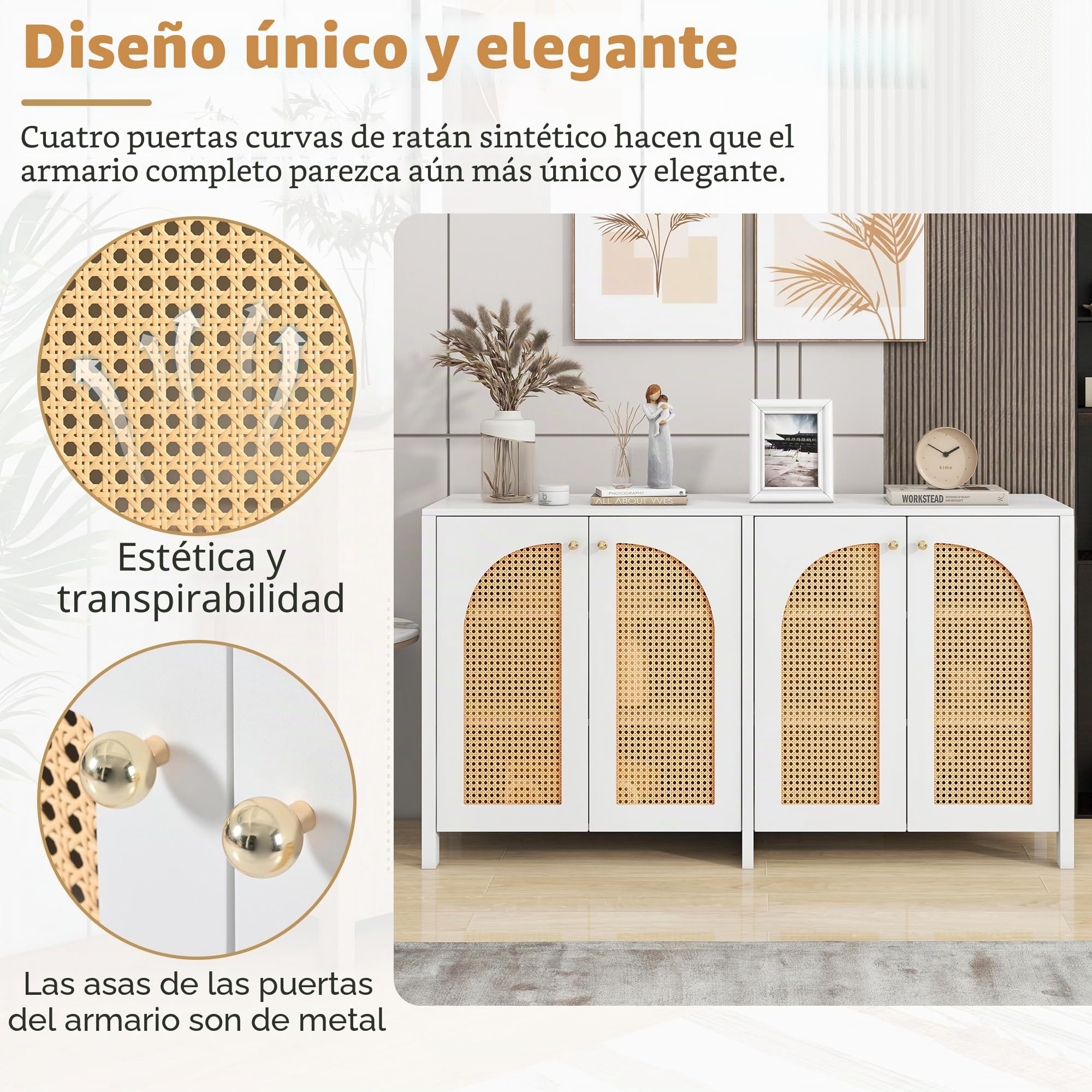 Aparador moderno de estilo minimalista de 4 puertas de mimbre, para comedor, salón, cocina, 145 x 80 x 40 cm (blanco)