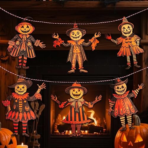 Pancarta de madera vintage para decoración de Halloween, 6 piezas retro de madera para colgar, pancarta colgante de madera para decoración de pared