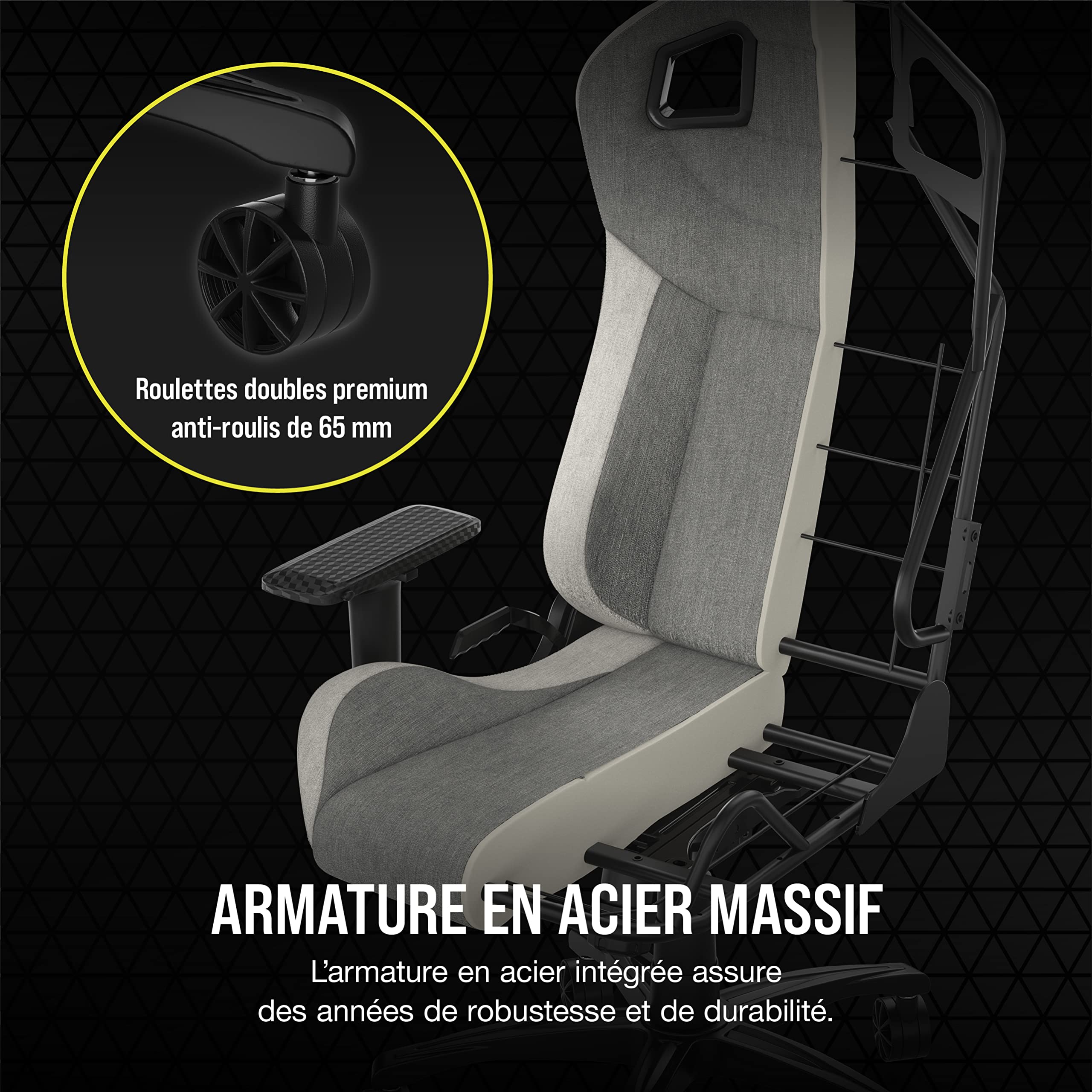 Corsair T3 Rush Fabric (2023) Fauteuil Gaming – Gris et Blanc | Revêtement en Tissu Doux, Coussin Détachable pour La Nuque et Support Lombaire à Mémoire de Forme