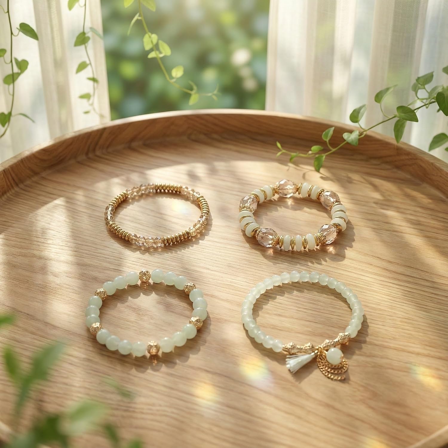 Bohemian Bracelet Sets for Women - 4-Pack Stackable Stretch Bead Bracelets with Black＆White Crystal & Gold Accessories, Multi-Layer Boho Jewelry