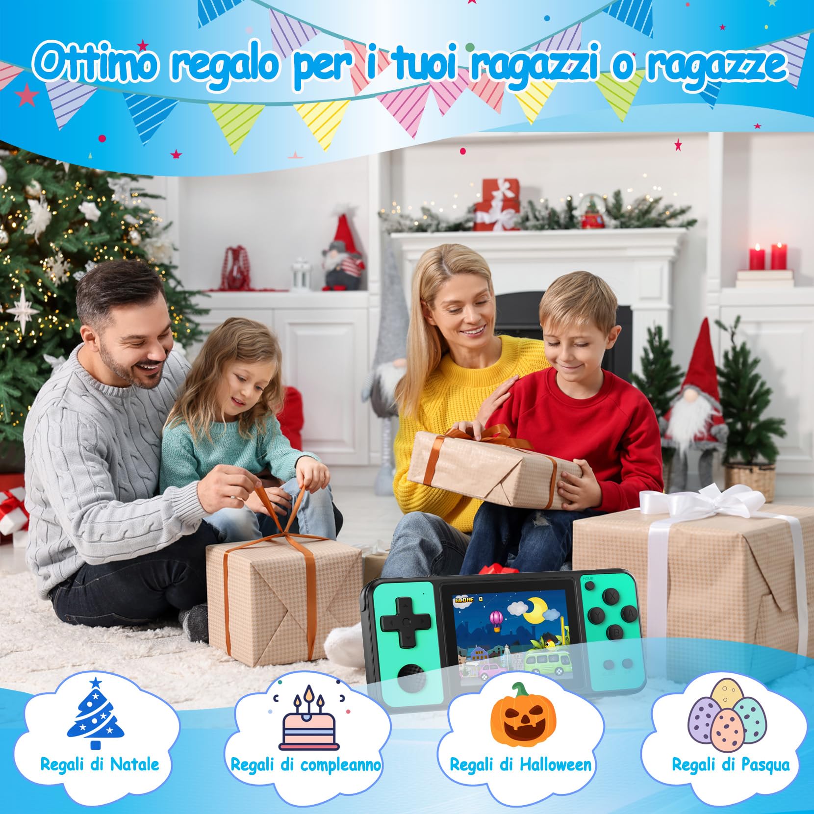Console Portatile Gaming per Bambini con 139 Videogiochi Retrò, Sistema di Gioco con Schermo IPS 3.0" e Batteria Ricaricabile, Giochi da Viaggio Regalo per Bambini Bambine dai 4-13 (Verde)