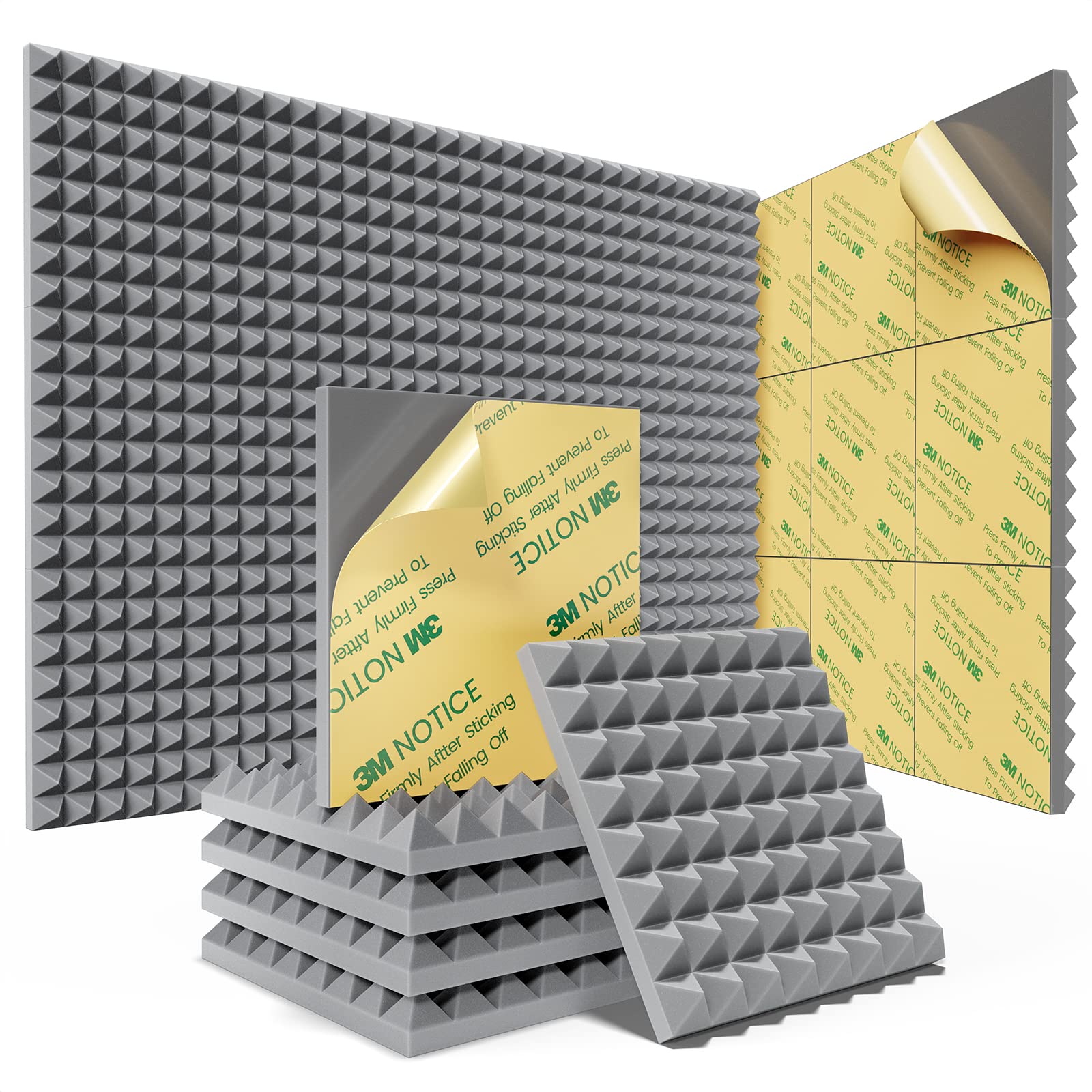 Sonicism12 Pack Pyramid Sound Proof Foam Panels with Self-Adhesive, 12" X 12" X 1" Acoustic Foam Panels of High Density, Soundproof Panels for Wall Fast Expand, Sound Absorption and Decoration (Gray)