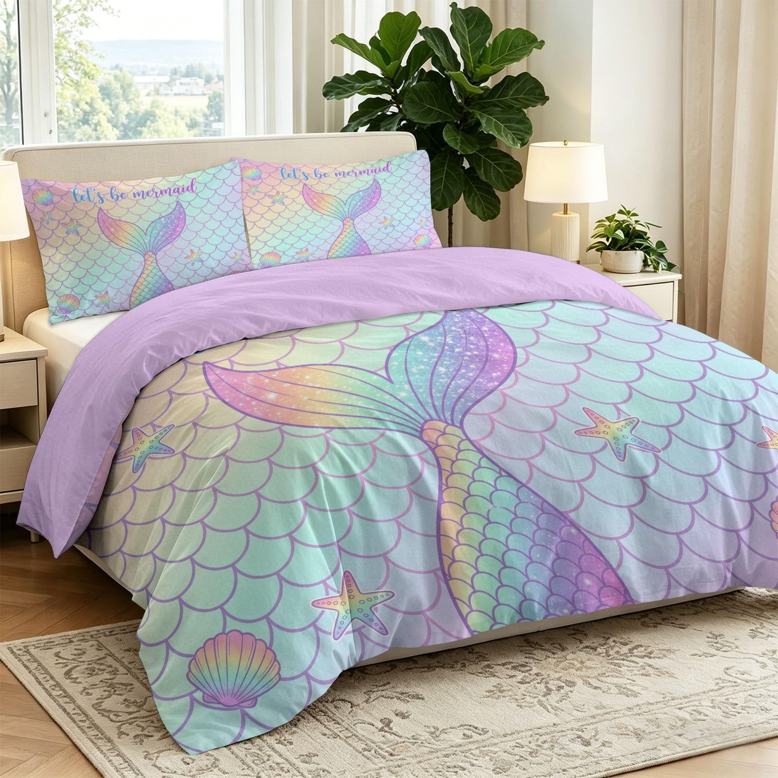 Fantazyjny 3-częściowy zestaw pościeli nowoczesna podwodna księżniczka, miękka poszwa na kołdrę 220 x 240 cm i 2 poszewki na poduszki 80 x 80 cm, 2-osobowy zestaw pościeli z zamkiem błyskawicznym