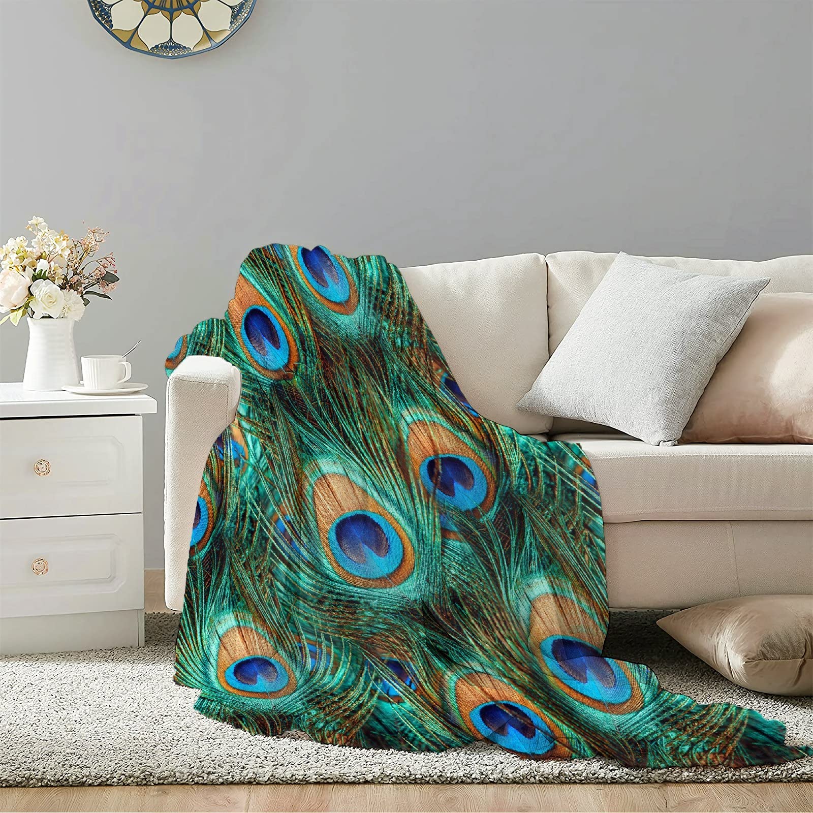 TERSTIN Bird Peacock Feather Throw Blanket Soft Flannel Fleece Velvet Plush Personalized Throws Fuzzy Warm Cozy Soft Bedding Blankets Anti-Pilling Teen 50