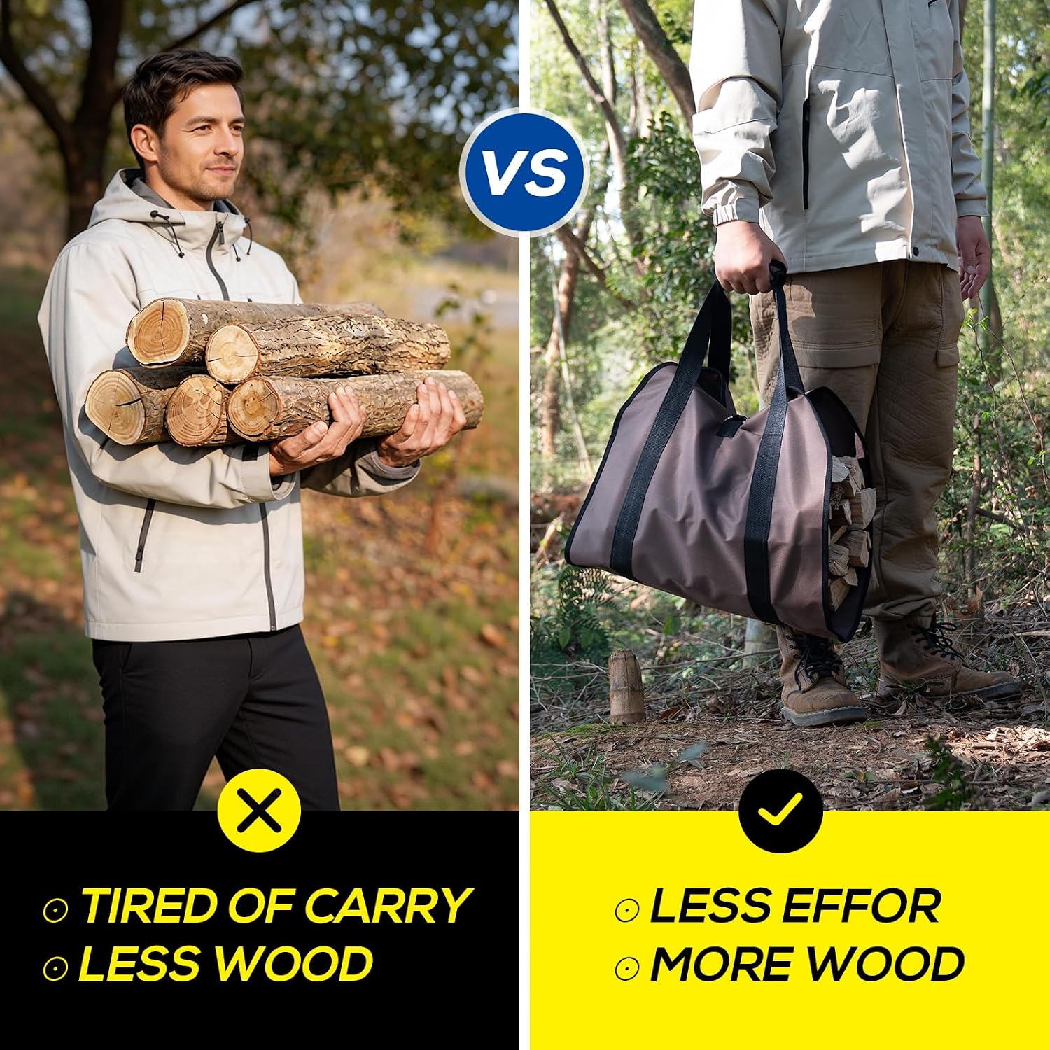 FLASLD Firewood Carrier Waxed Canvas Firewood Bag Heavy Duty Large Fireplace Carrier Durable Log Tote Fire Wood Carring Bag with Handles Wood Sling Holder Cabin Stove Accessories (Brown)