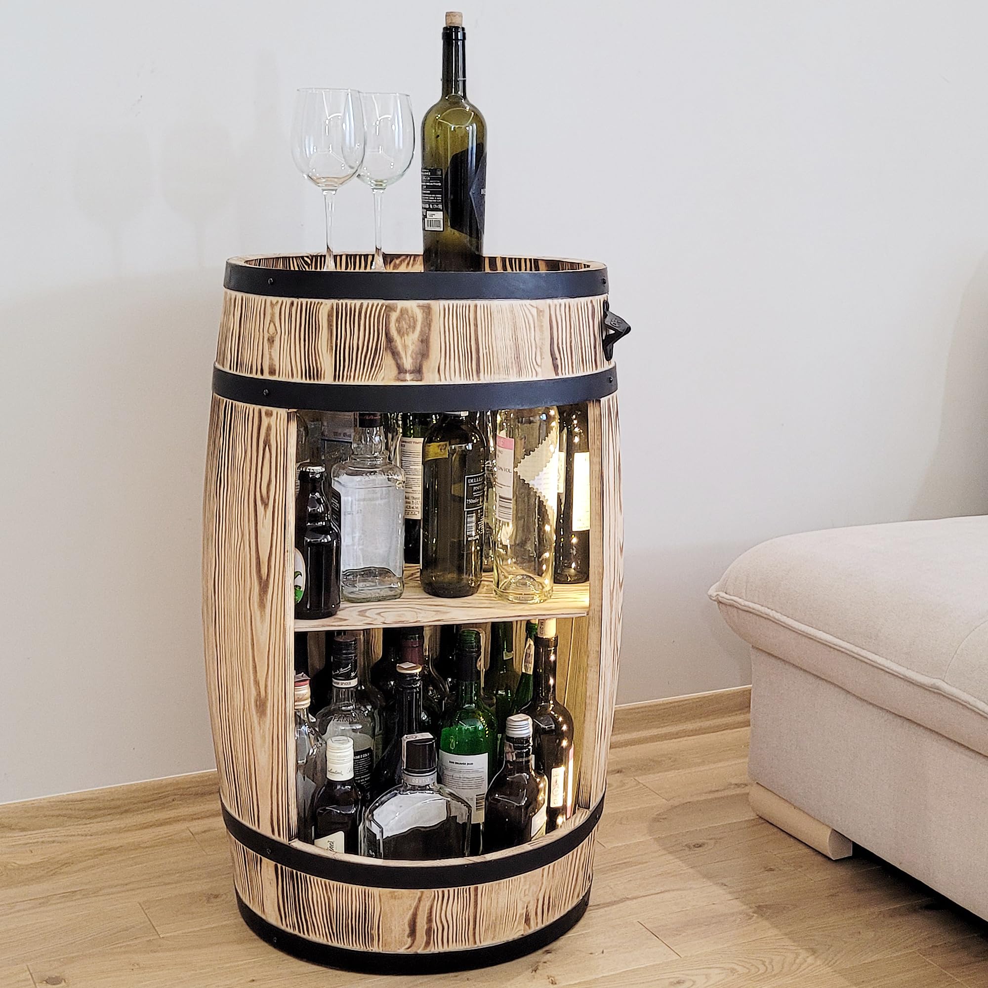 weeco Barile in legno con luci a LED – Armadietto da bar – Barile per vino – Armadietto per vino in stile retrò – Bar in botte di legno – Barile di vino bar 80 x 50 cm