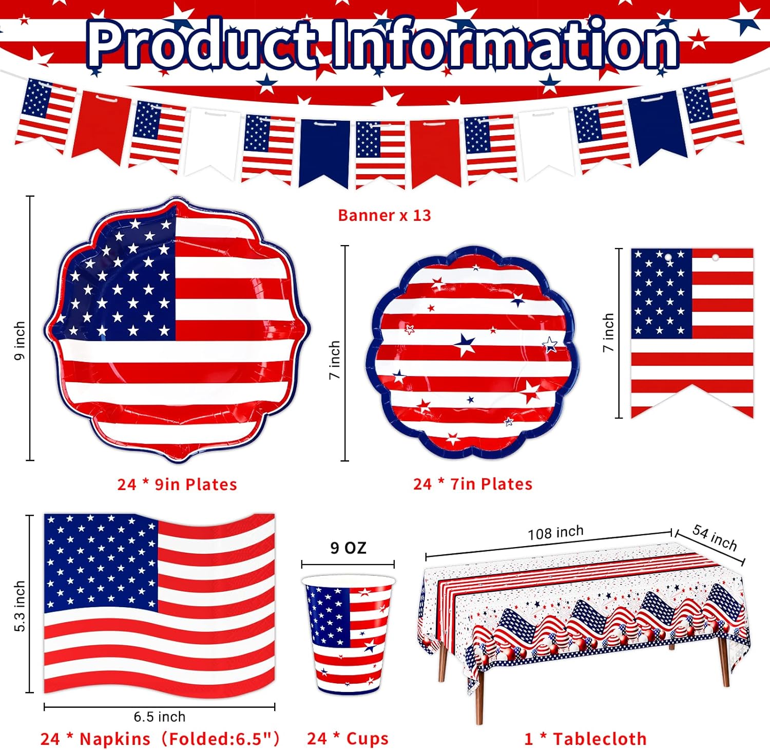 4th of July Party Tableware Set,Patriotic Dinner Plates,Dessert Plates,July Fourth Party Napkins,Tablecloths,Cups,Banners for Independence Day Party,Memorial Day,Veterans Day, Election Day-Serves 24