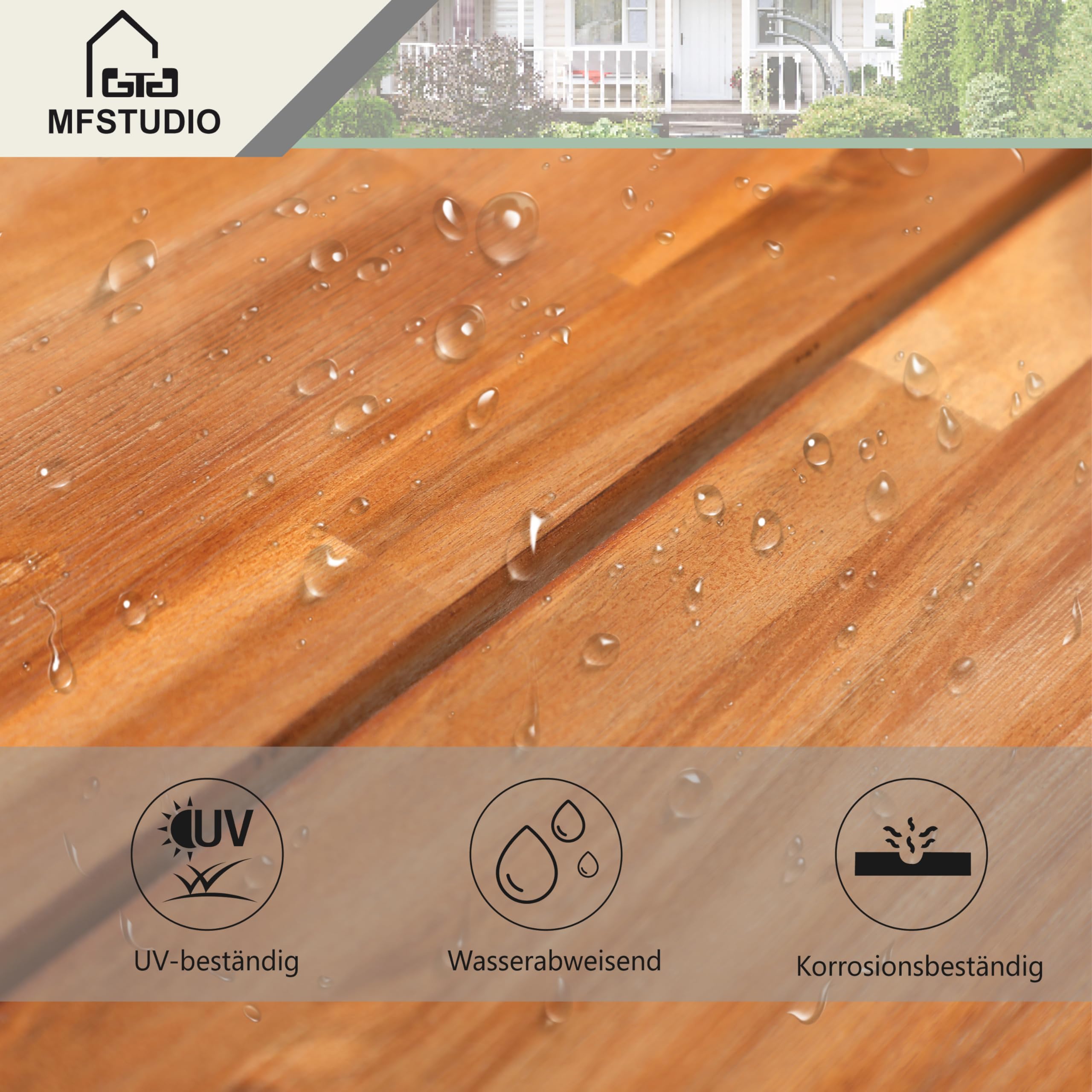 MFSTUDIO Gartenbank Wetterfest 3 Sitzer, 100% Akazienholz Parkbank | Akazienholz, 160 × 36,5 × 45 cm, Platz für 2–3 Personen, Modernes Design, Einfache Montage, Langlebig