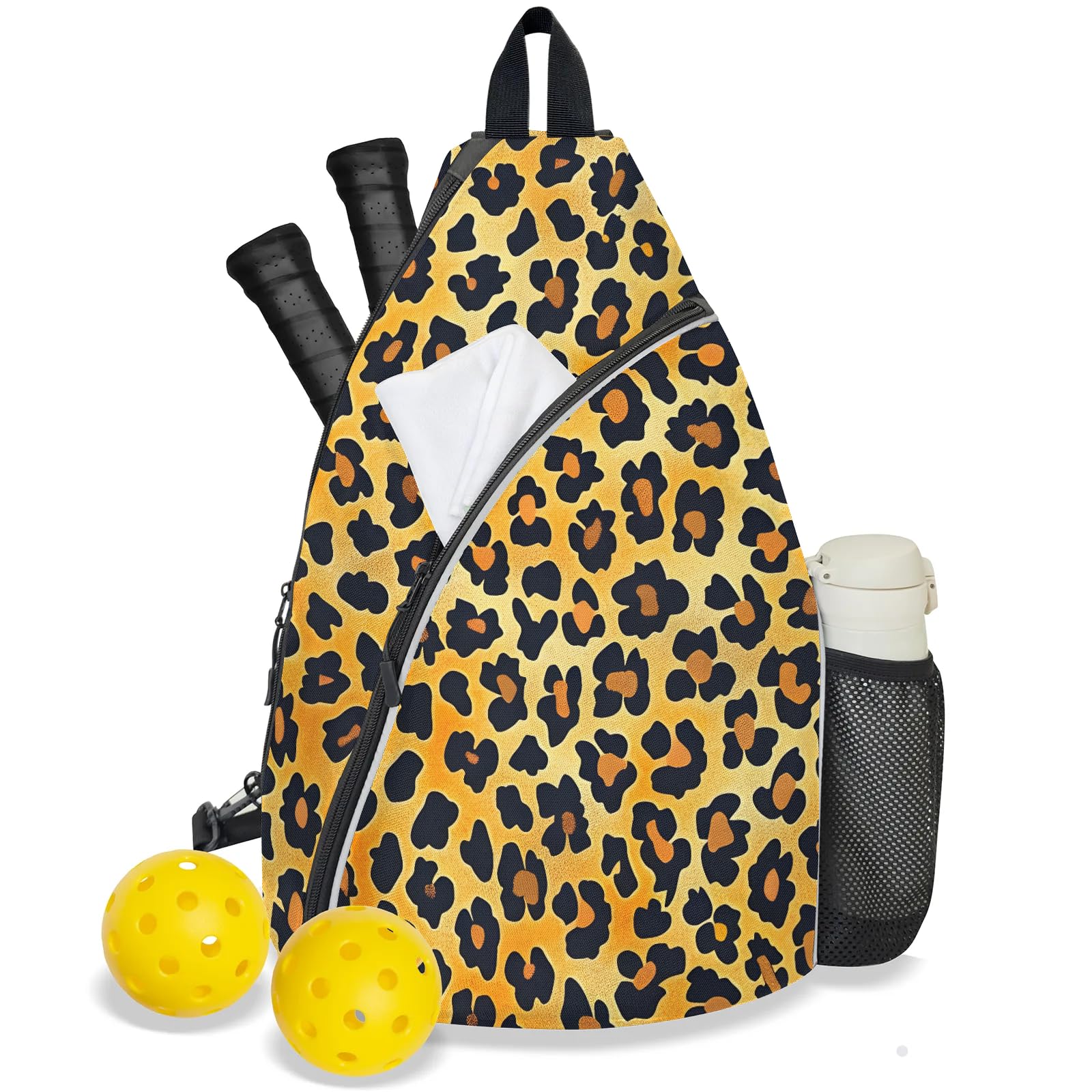 Mintoprints Leopard Pickleball Bag for Women Men, Leopard Cheetah Print Adjustable Crossbody Sling Backpack Hold Paddle Accessories