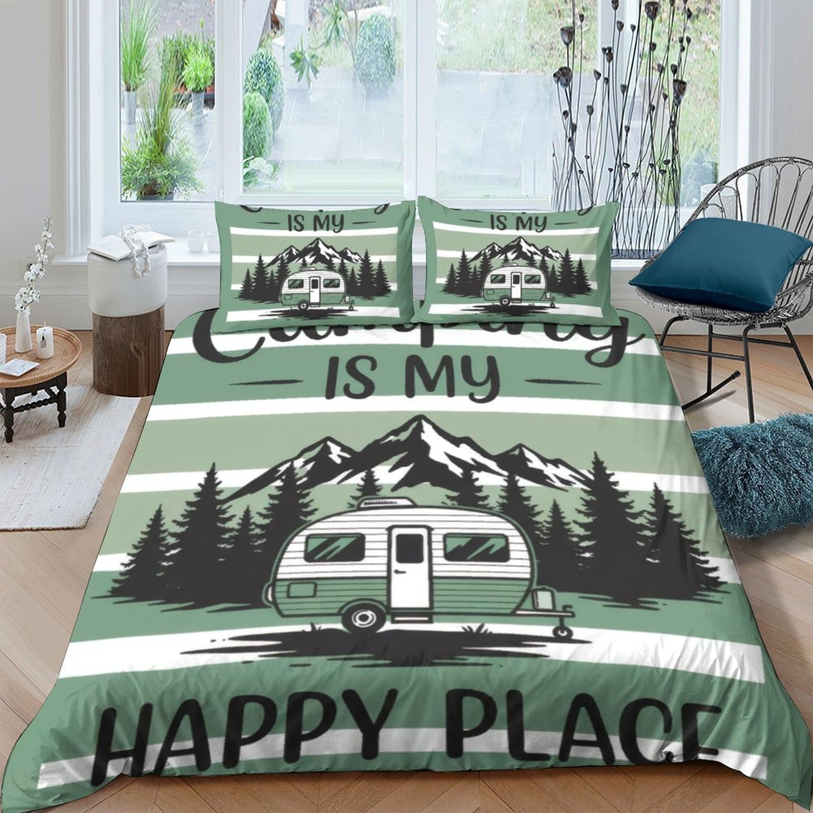 GPLZQXKJNH 3D Printed Camper Mountain Duvet Cover Microfiber Green Nature Bedding Set with 2 Pillowcases for Bedroom Decor Single（135x200cm）