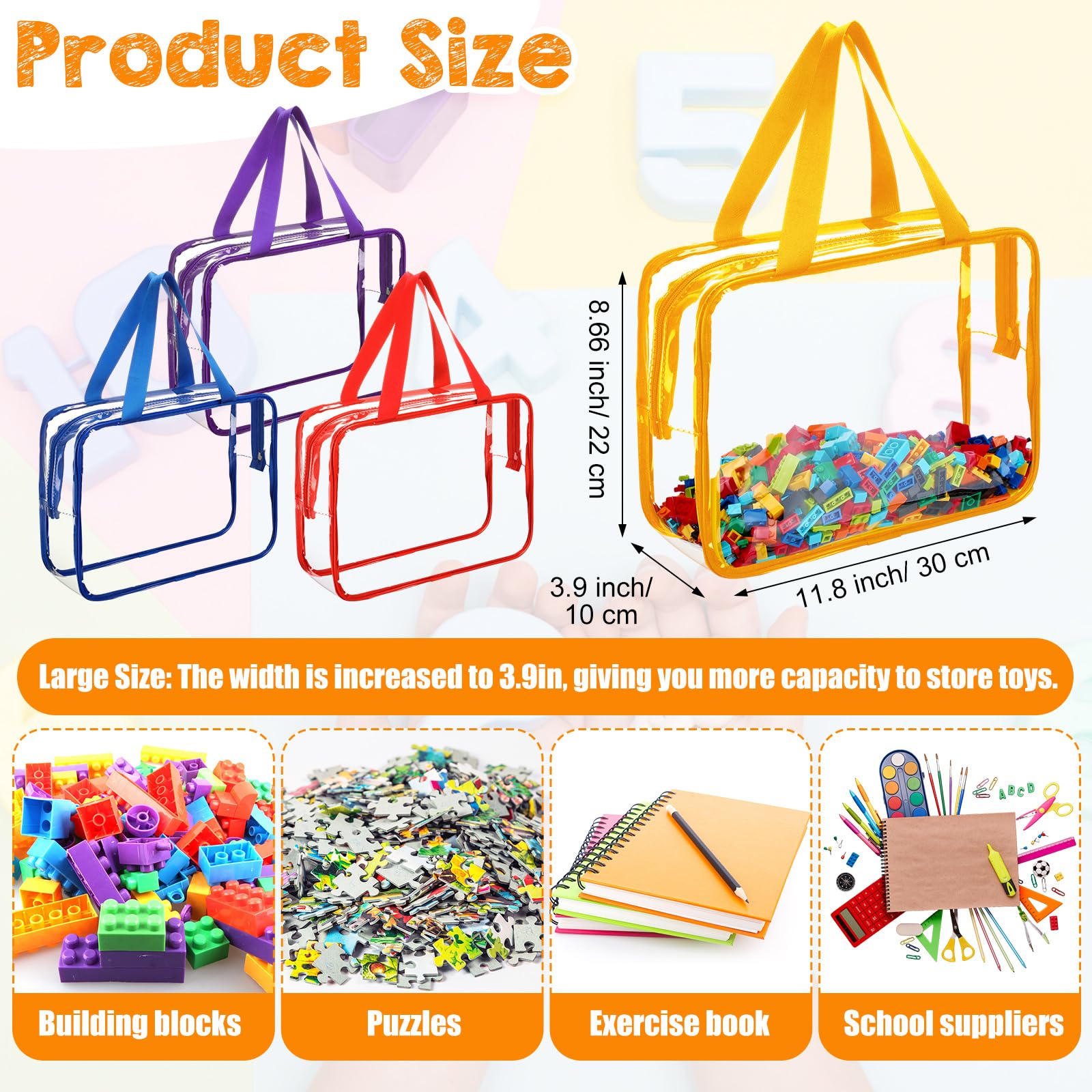 12 bolsas grandes de almacenamiento de juguetes de PVC transparentes con cremallera, bolsas de juguetes impermeables para bloques de construcción, rompecabezas y libros infantiles (color