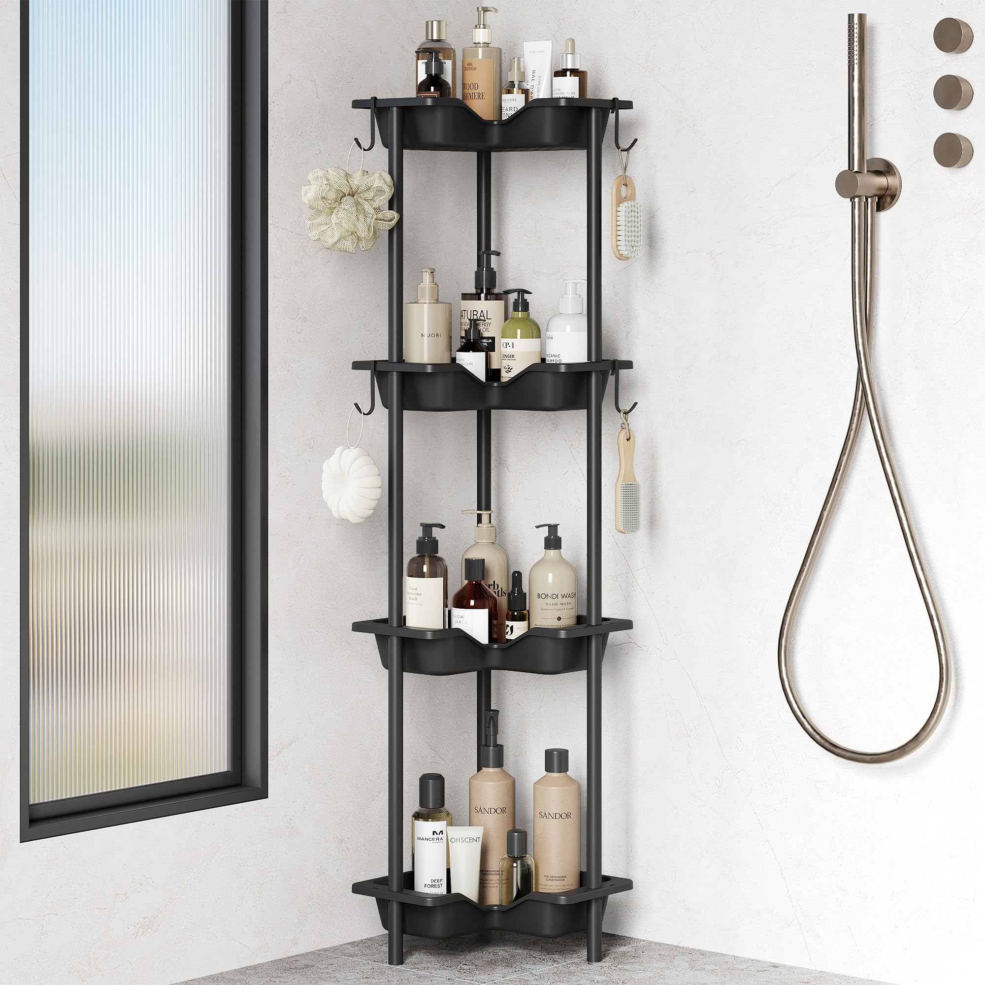 Orimade 4 Niveles Estanteria baño de Ducha de pie,Organizador de Esquina de Piso de Empalme de Metal plástico, cesta ducha sin taladrar para baño Negro