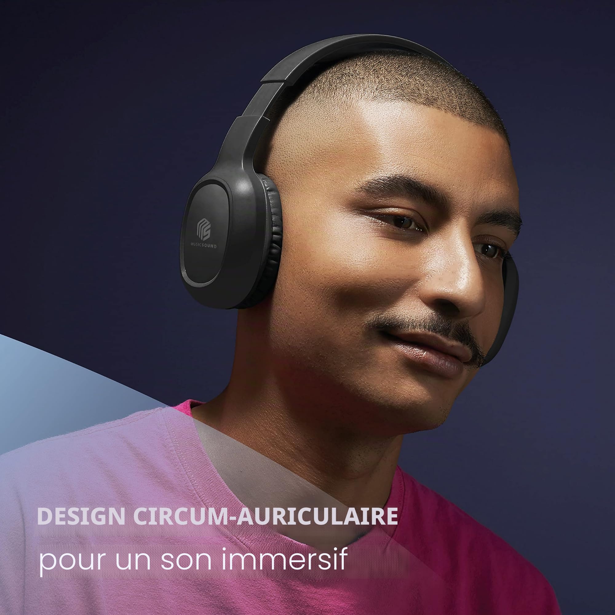 Music Sound | Casque Bluetooth Basic | Casque Bluetooth Supra-auriculaire avec Bandeau Extensible - Autonomie 14h - Recharge 2h - Voyant LED et entrée AUX - Couleur Bleu