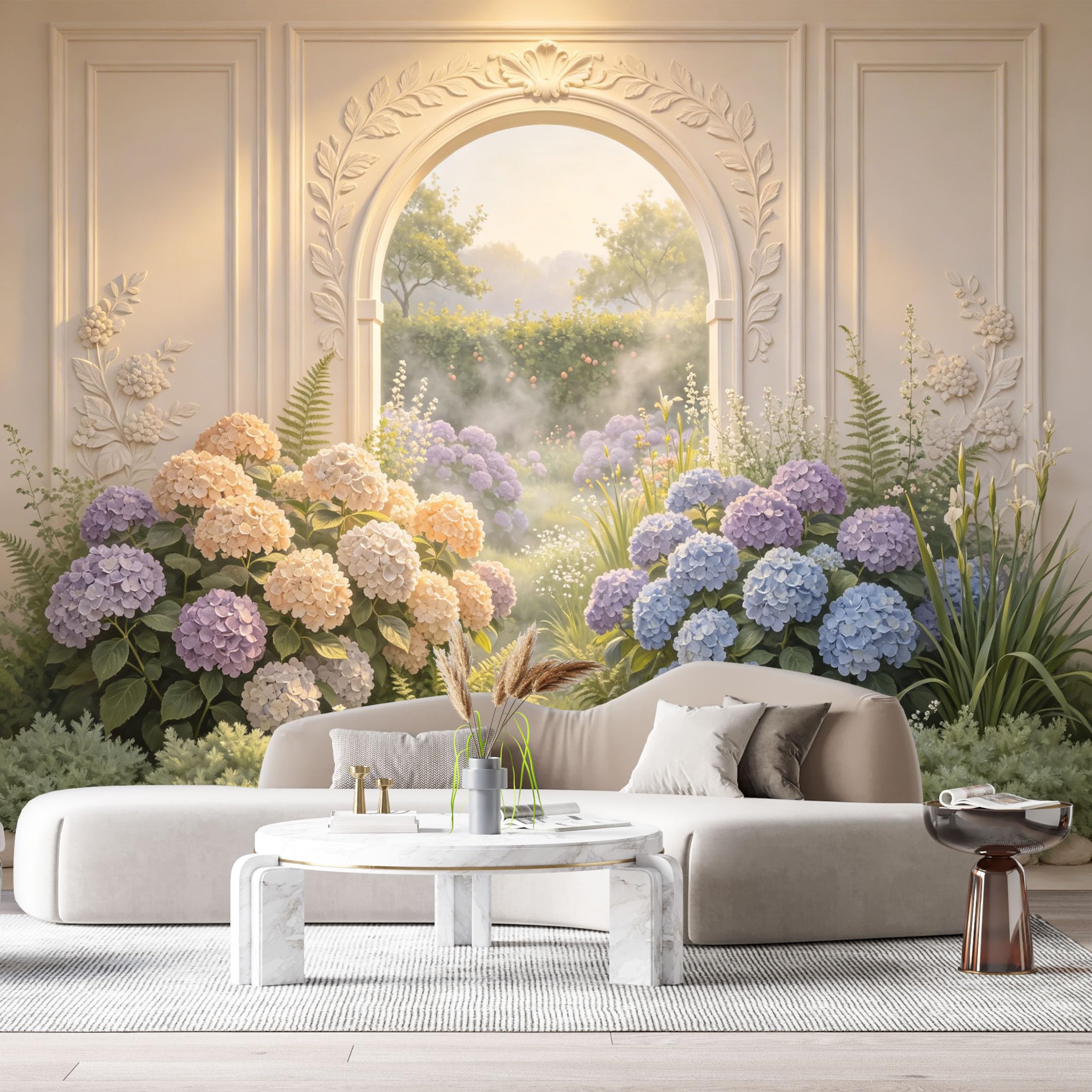 Custom Size Wall Murals Hydrangea Archway Botanical Neoclassical 3D Trompe L'Oeil SelfAdhesiveWall Fabric Removable Wallpaper Wall Decor for Living Room Bedroom Bathroom