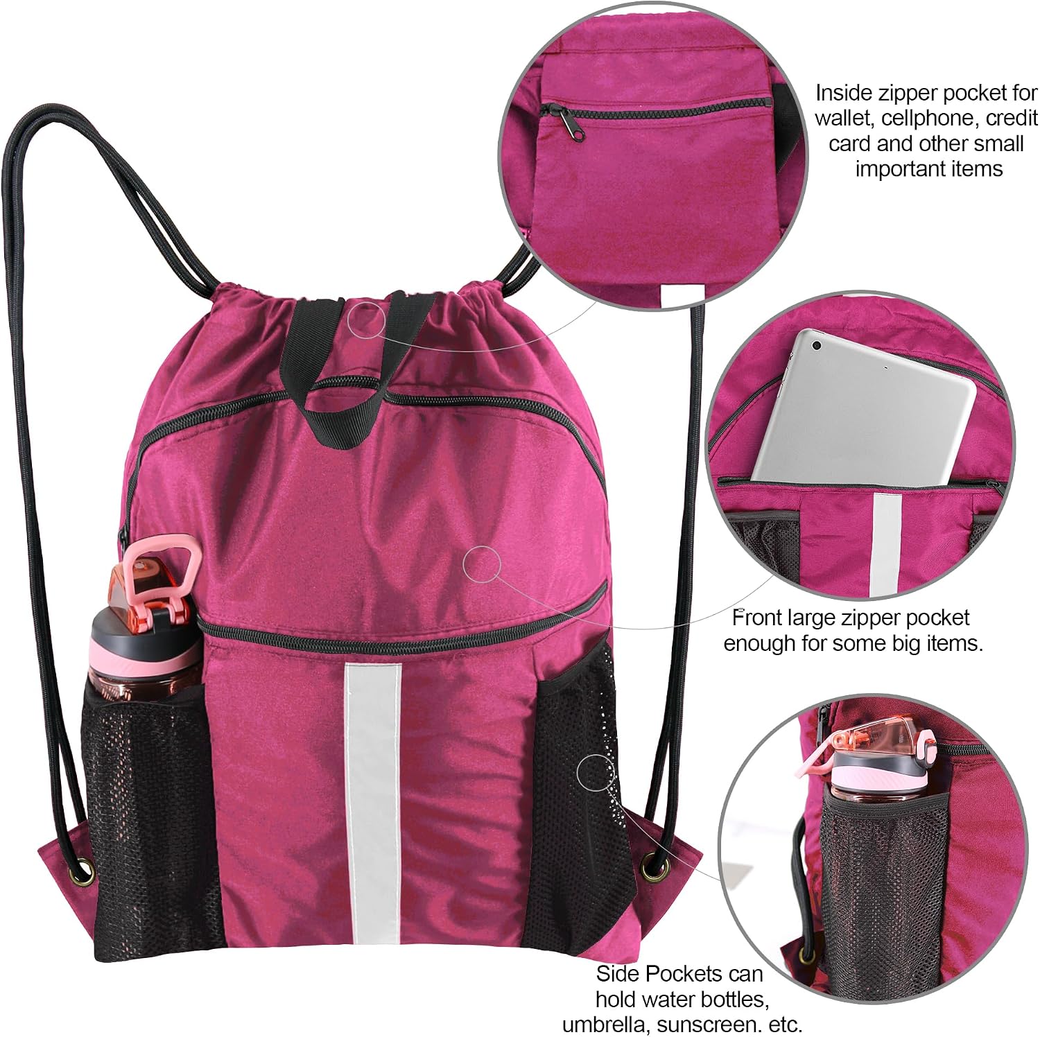 BeeGreen Drawstring Backpack Bag with Shoe Compartment, X-Large Black Gym Sports String Cinch Backpack