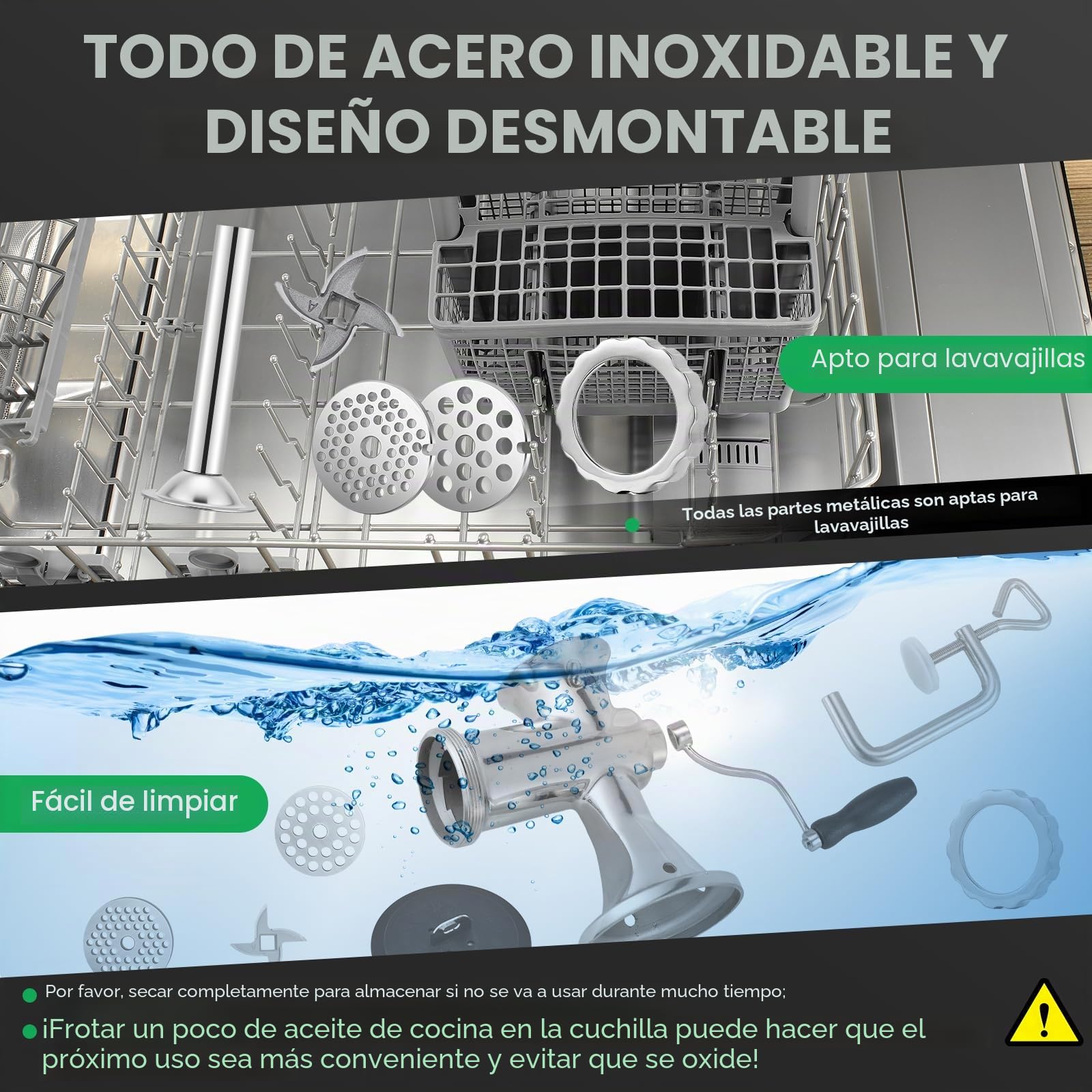 Huanyu Picadora manual de carne de acero inoxidable y máquina de salchichas, picadora manual de carne y cortador de verduras, apto para lavavajillas, tamaño 8s