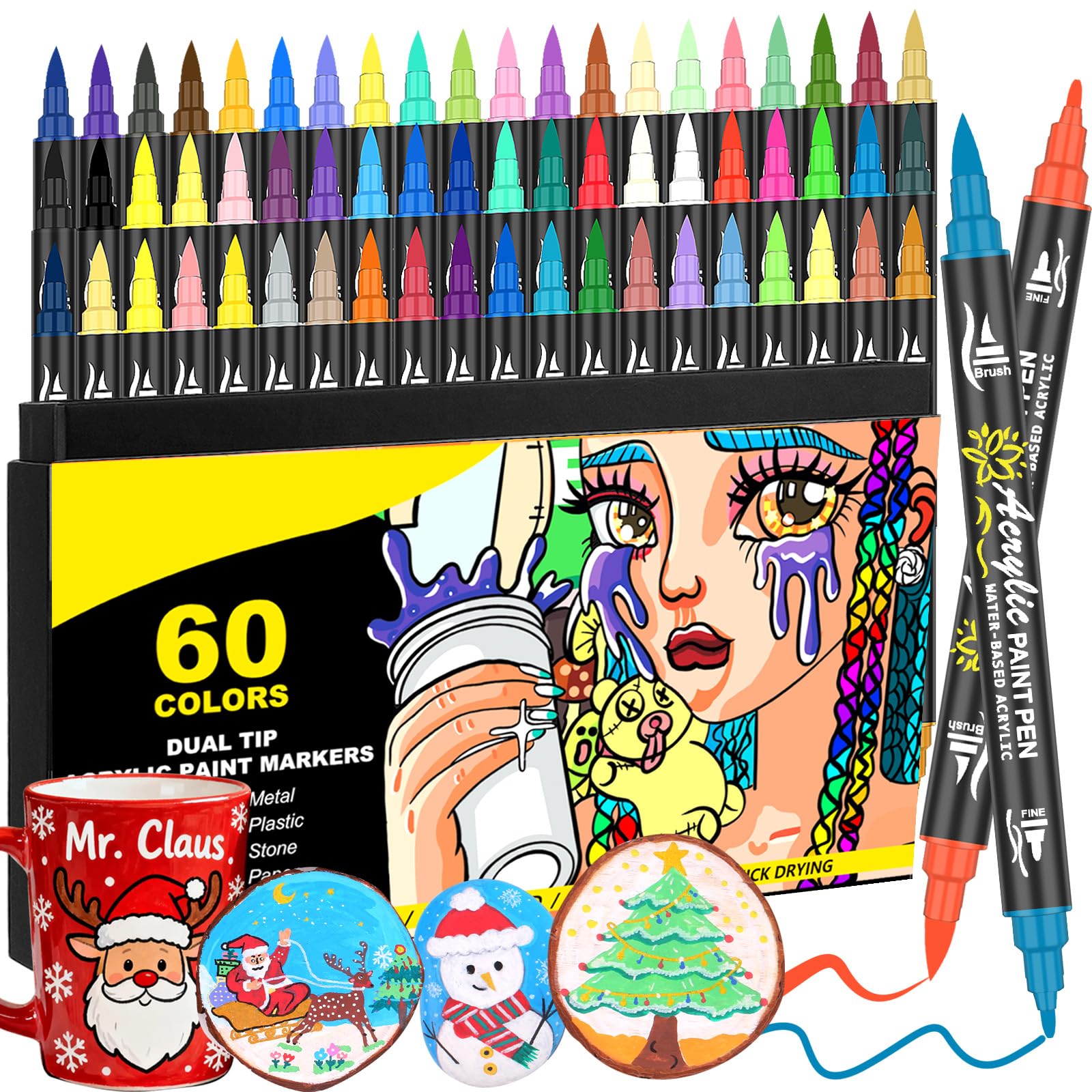 60 Pcs Acrylic Paint Marker Pens Set Dual Tip Acrylic Paint Markers with Brush and Fine Tip for Rock Painting, Wood, Glass, Ceramic, Stone, Fabric, Painting Projects