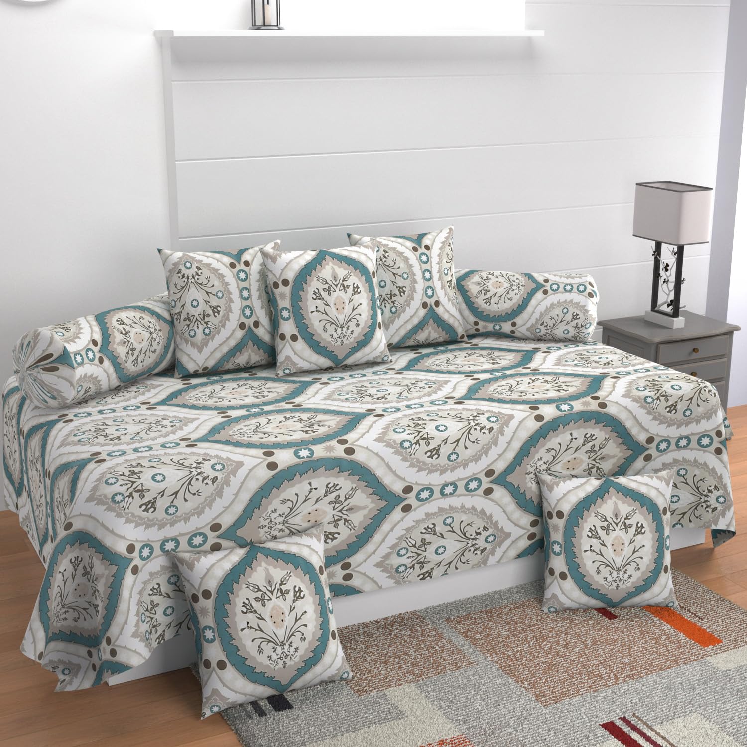 MANIQATEX Floral Diwan Set with 5 Cushions and 2 Bolsters, Teal and Grey Pattern, Traditional Design-image-35