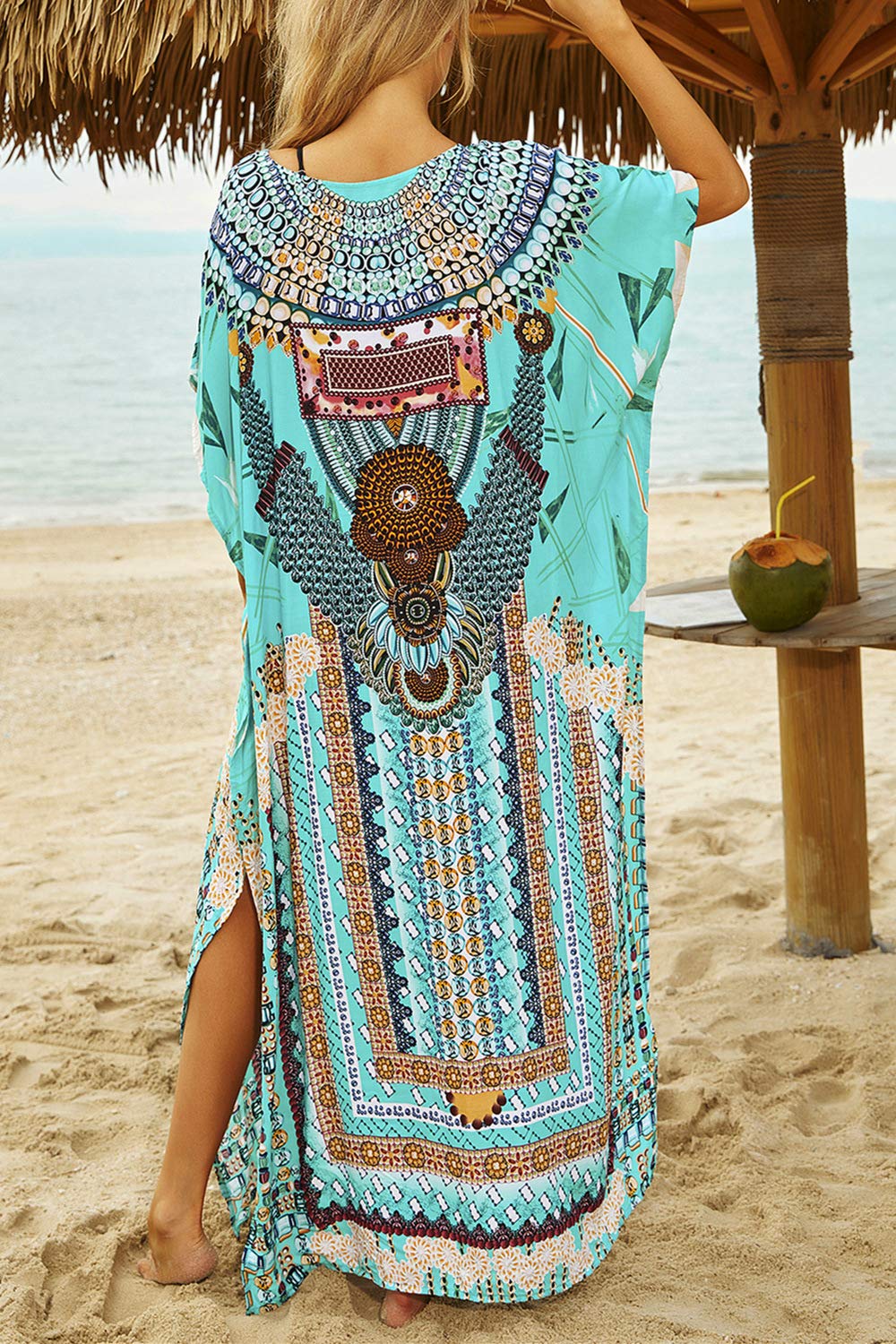 Damska letnia sukienka boho długa kaftan etniczny wzór maxi sukienka plażowa okrycie bikini z filtrem przeciwsłonecznym