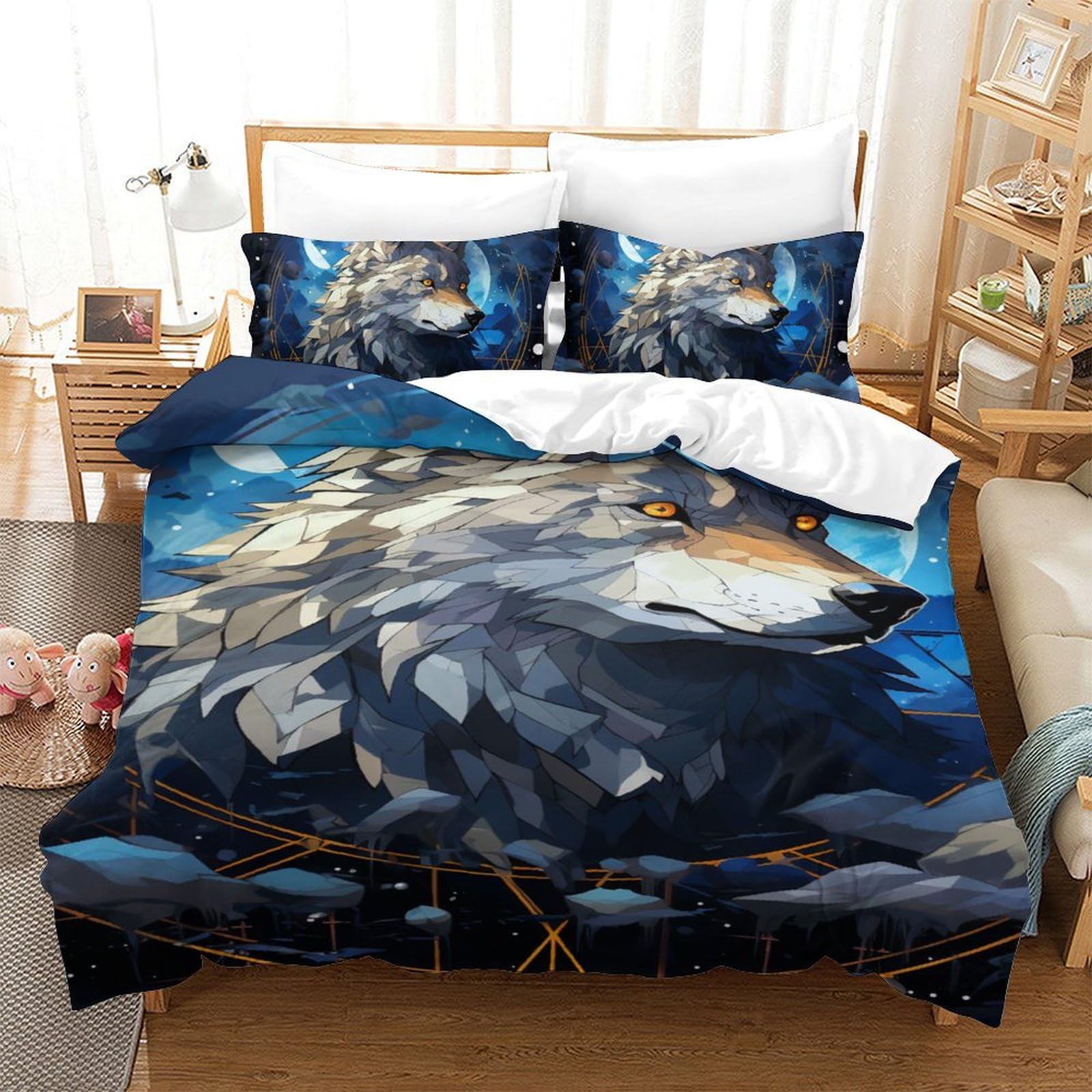 Housse de couette loup 3D anti-plis avec fermeture éclair pour lit ado 140x200