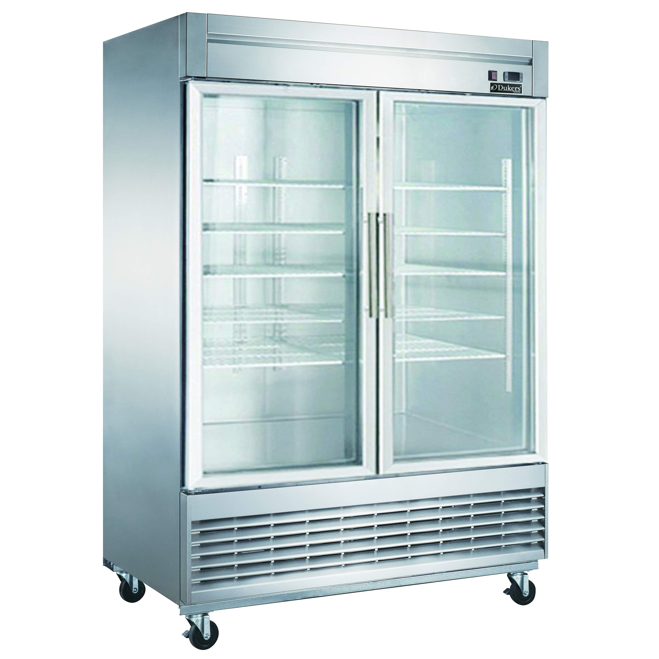 Bottom Mount Glass 2-Door Commercial Reach-in Refrigerator by Dukers – (W x D x H): 55 1/8″ x 32 5/8″ x 80 3/8″, 40.7 cubic_feet, stainless steel, Model D55R-GS2