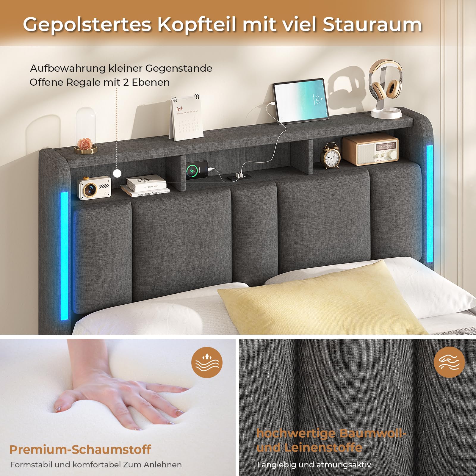 AOGLLATI Polsterbett 140×200 mit Steckdosen & LED Beleuchtung, Doppelbett 140x200 mit Stauraum Kopfteil & Hydraulischem Stauraum, Bettgestell mit Lattenrost,Jugendbett, Linen, Ohne Matratze,Dunkelgrau