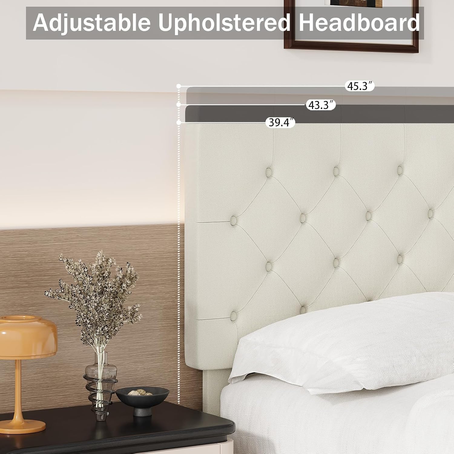 BarnFurin King Bed Frame, Upholstered Platform Bed with Button Tufted Headboard, Fabric Bed Frame with Wooden Slats Support, No Box Spring Required, Easy Assembly, Cream