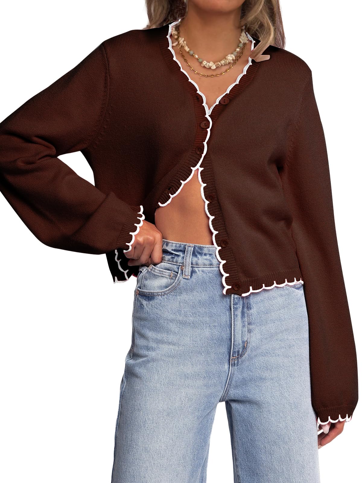 Women Long Sleeve Cardigan Button Down Knit Jackets Open Front Cropped Contrast Color Trim Sweaters Fall Winter-image-9
