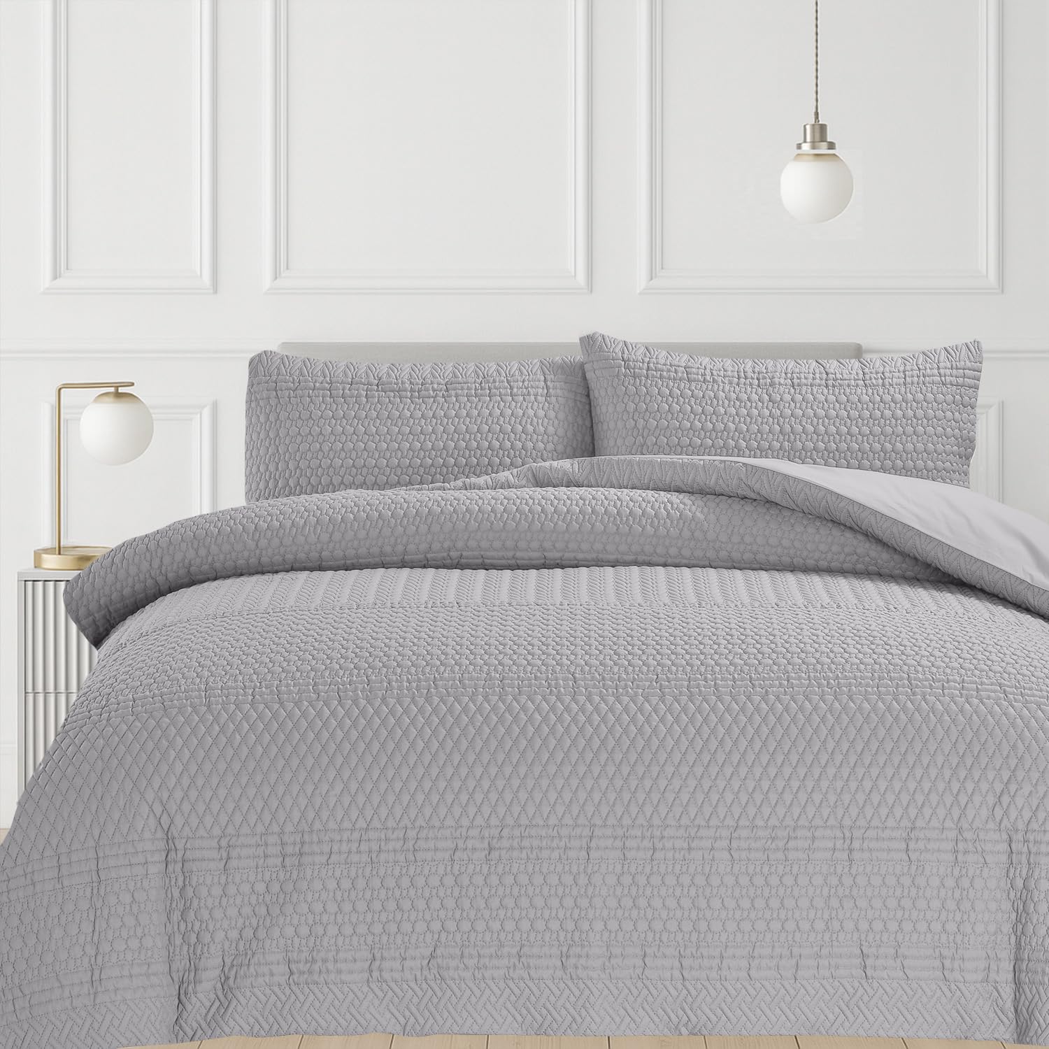 Velosso Velvet Touch Single Bed Duvet Cover Set, Pinsonic Quilted Geometric Bedding Set, 2 Piece Quilt Cover with 1 Pillowcase, Button Closure (Grey)