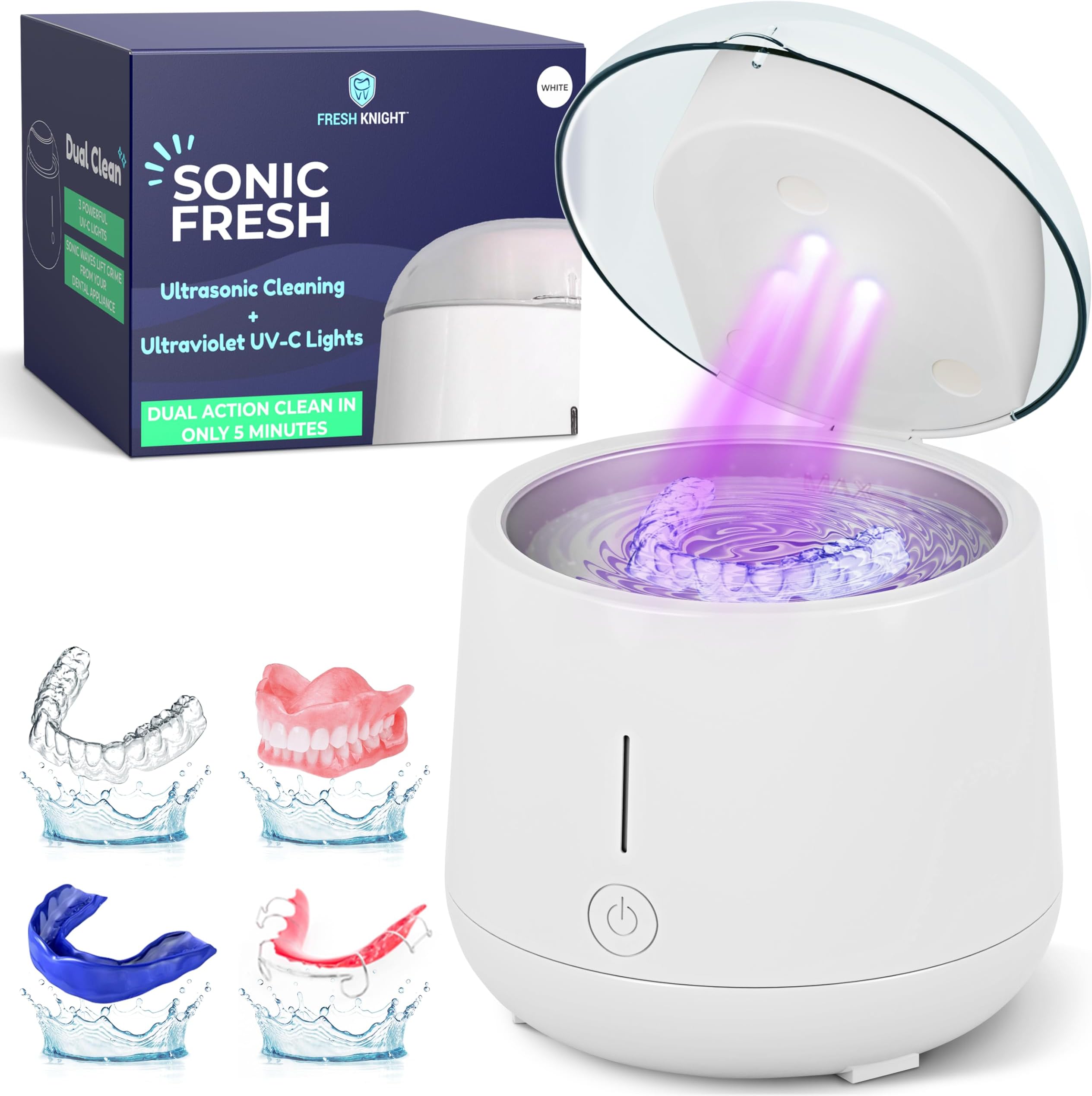 FRESH KNIGHT Ultrasonic Retainer Cleaner, UVC Retainer Cleaner Machine - Cleans Dentures, Aligners, Mouth Guards, Whitening Trays