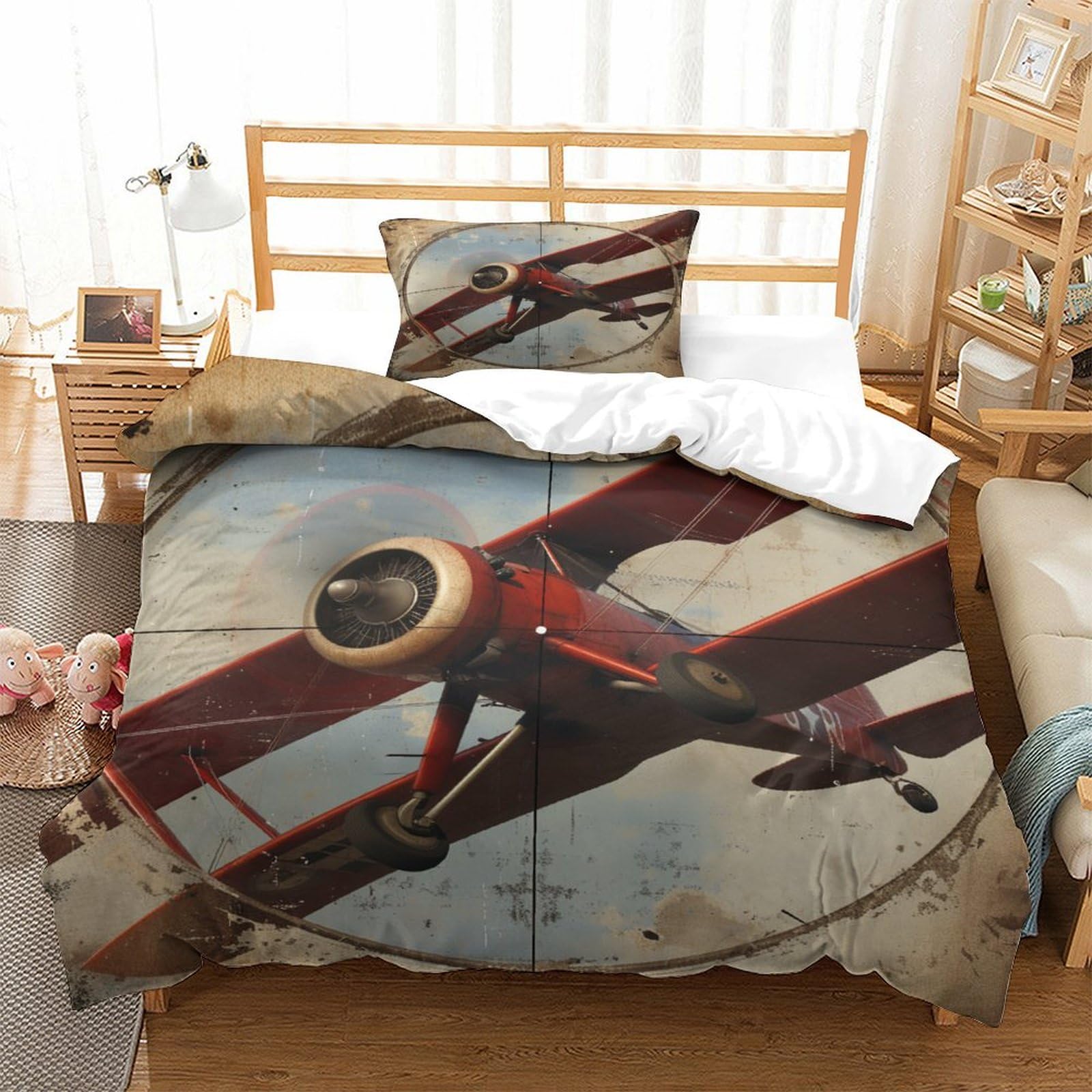 P1S9U7W5Y Vintage Aircraft 3D Printed Microfiber 3pcs Duvet Cover Set Retro Airplane Bedding Set Single（135x200cm）