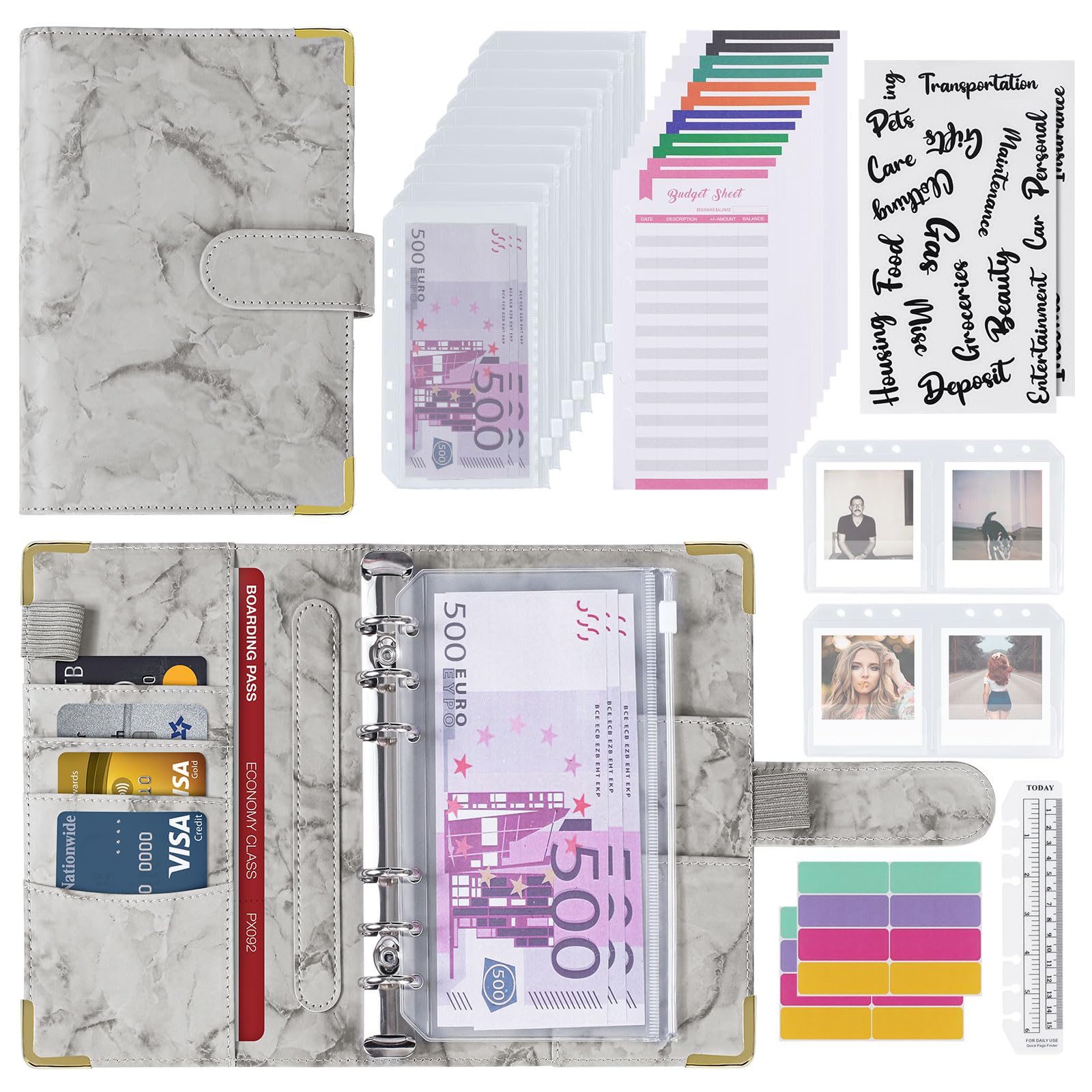 Classeur Budget A6 PU Cuir Carnet avec Pochette Dépenses Organisateur Gris