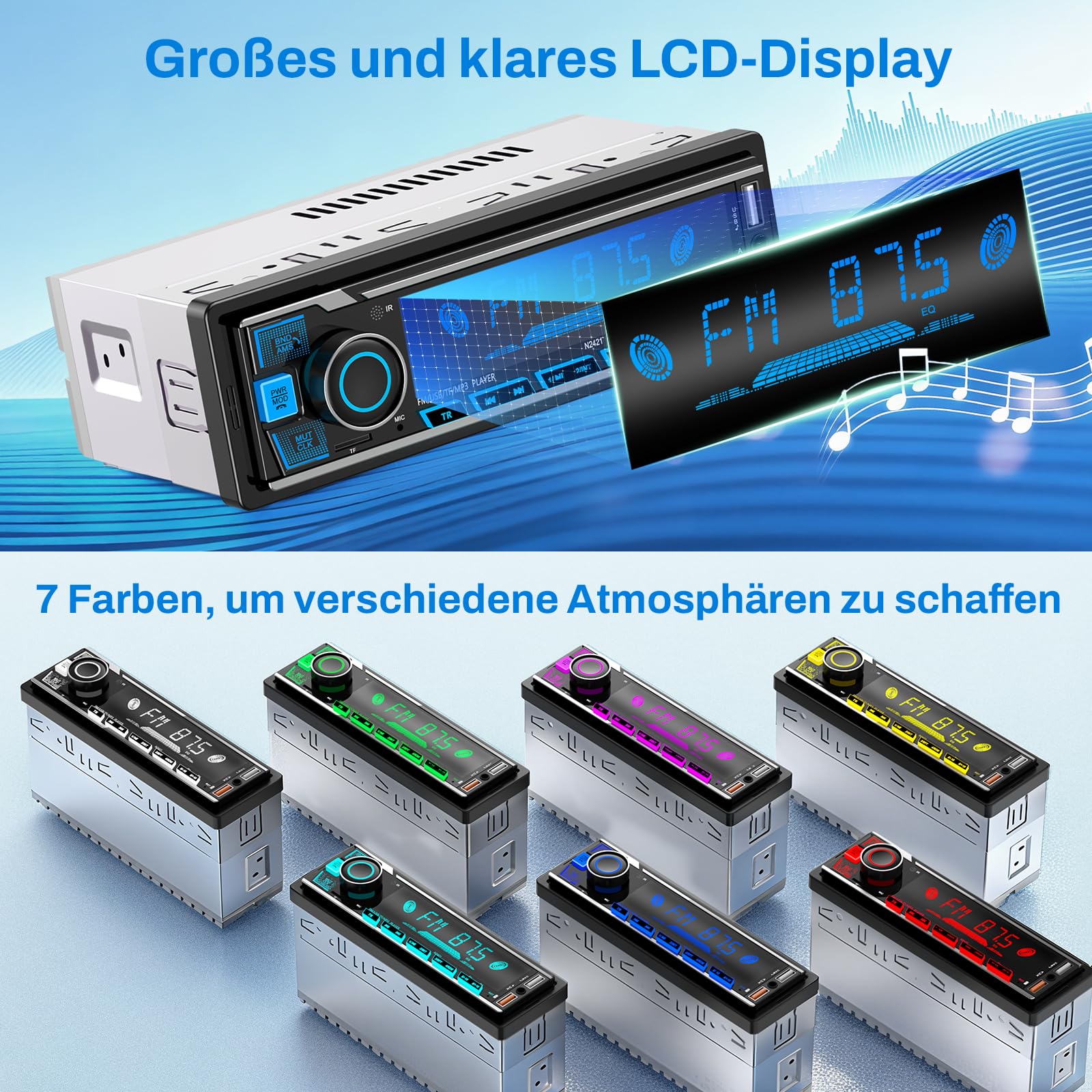 Autoradio Bluetooth,Auto Radio Bluetooth Radio mit 7 Farben Licht Einstellbar 1 Din Autoradio Bluetooth FM mit 2USB/AUX/TF MP3 Player Unterstützt iOS und Android