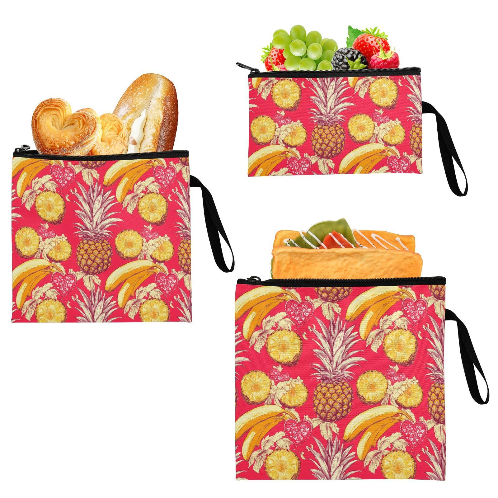 Yoogain Fruit Banana Pineapple French Art 3 pack Reusable Zipper Snack Bag Portable Food Storage Bags for Work Picnic or Travel