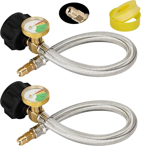 Manguera de propano invertida de 14 pulgadas con calibre, conector de tanque de propano trenzado de acero inoxidable de 15 pulgadas para regulador