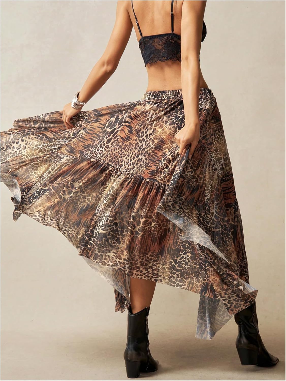 Women's Floral Asymmetrical Midi Skirt Boho Ruffle Mesh Elastic High Waist A Line Flowy Skirt Vintage Pirate Skirt - Image 2