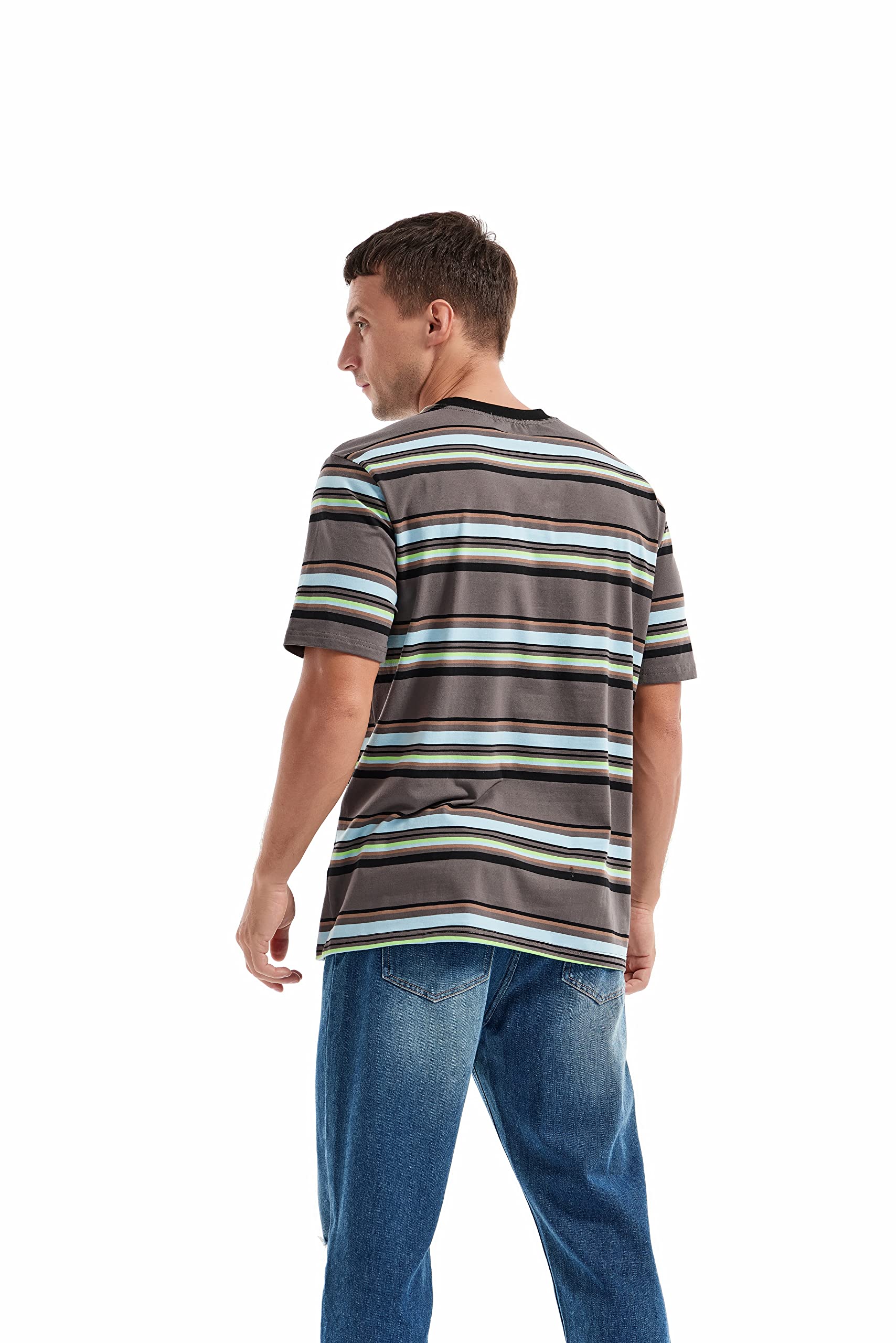 KLIEGOU Camiseta de moda para hombre, ajuste holgado, cuello redondo, a rayas