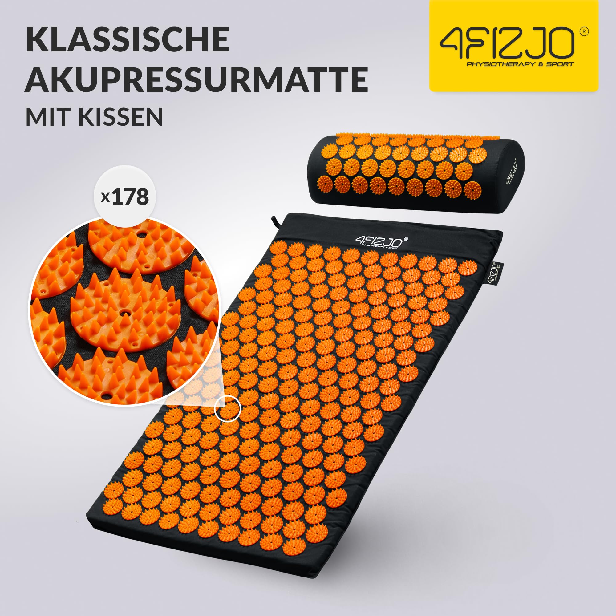 4FIZJO Akupressurmatte & Kissen, 68x42x2 cm, mit Tragetasche, Polyurethanschaum, Hypoallergen, 9618 Stacheln, Massagematte für bessere Durchblutung, Muskeln Entspannung, Farbe: Schwarz und Orange