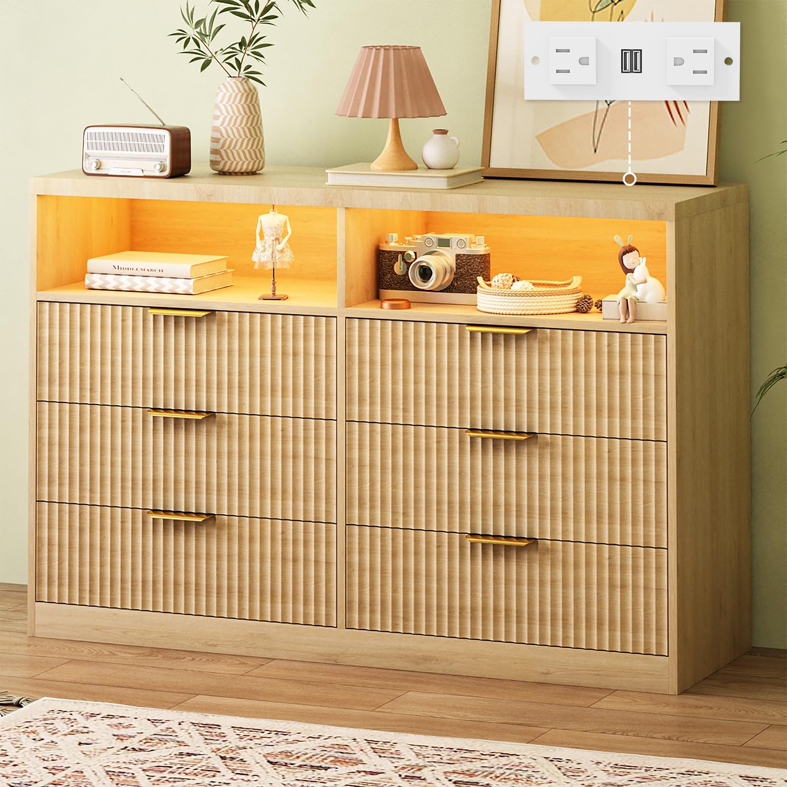 GlouMod 6 Drawers Dresser for Kids Bedroom, 47" Wooden Dresser TV Stand with Lighting and Charging Station, Open Cabinet, Fluted Panel, Smooth Curve