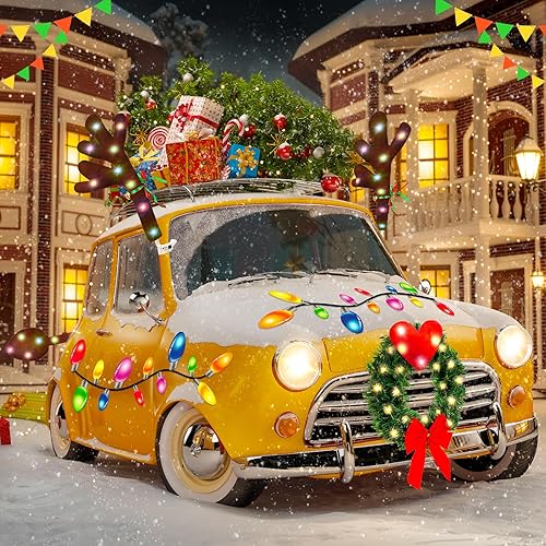 Vista 9 de Cunno Paquete de 3 cuernos de reno de Navidad para automóvil con luces LED, decoración de automóvil de Navidad, corona de Navidad, imanes