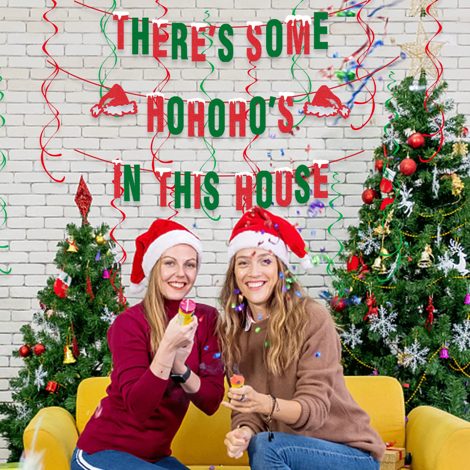Red Glitter 'There's Some Ho Ho Hos In This House' Christmas Banner - Funny Holiday Party Decor