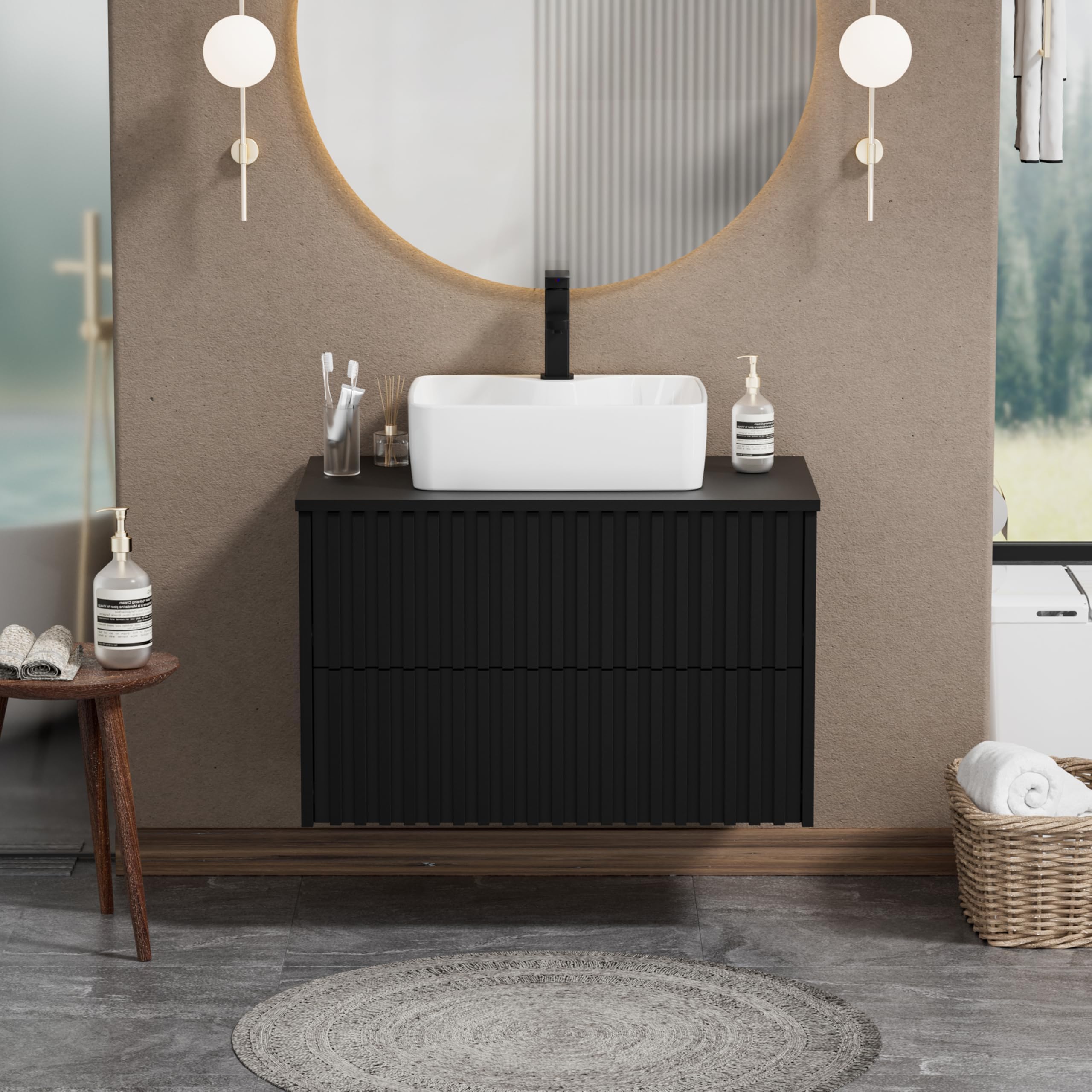 UEV Mueble de Baño 80CM con Lavabo de Cerámica, Mueble de Baño Suspendido Combina Elegancia y Funcionalidad, Lavabo con Mueble de Pared, Negro