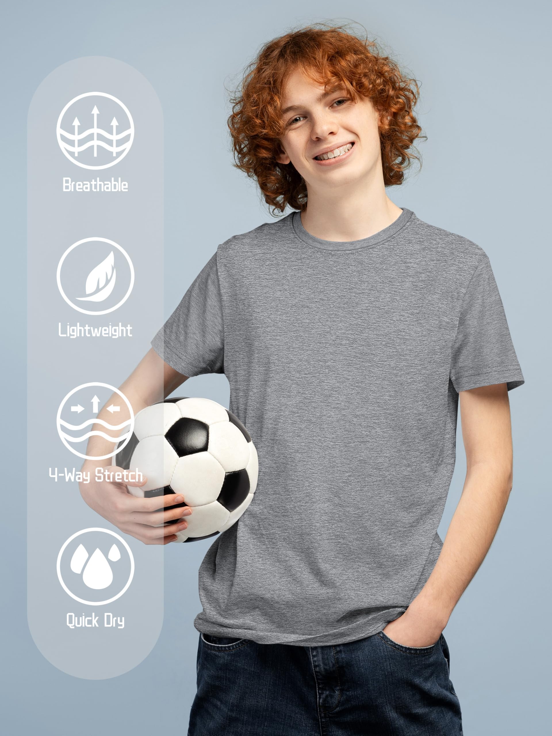 QWE Paquete de 5 camisetas deportivas de manga corta para niños y adolescentes de 5 a 18 años